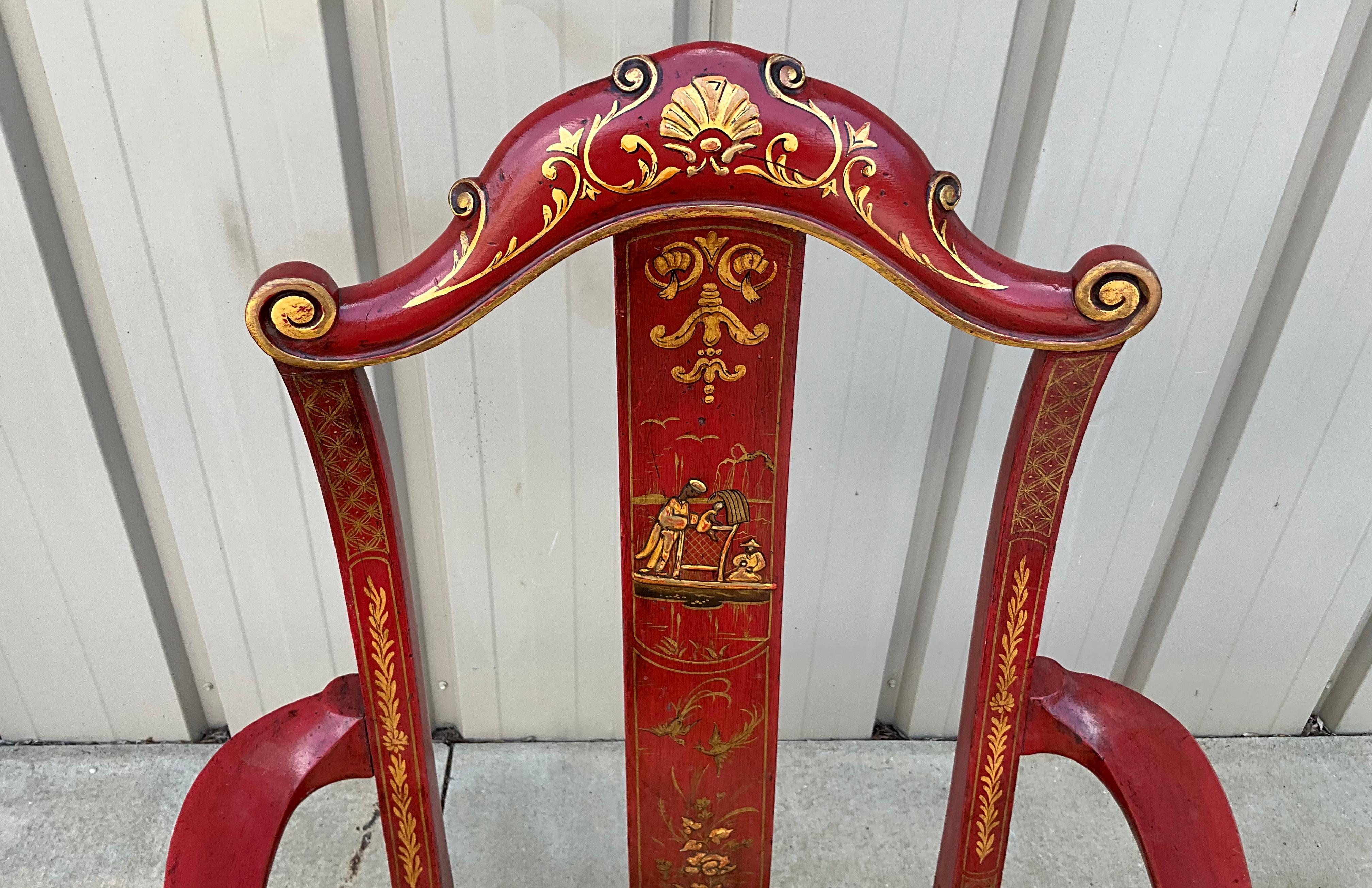 Early English Queen Anne Style Red & Gilt Chinoiserie Dining Chairs -S/10 For Sale 6