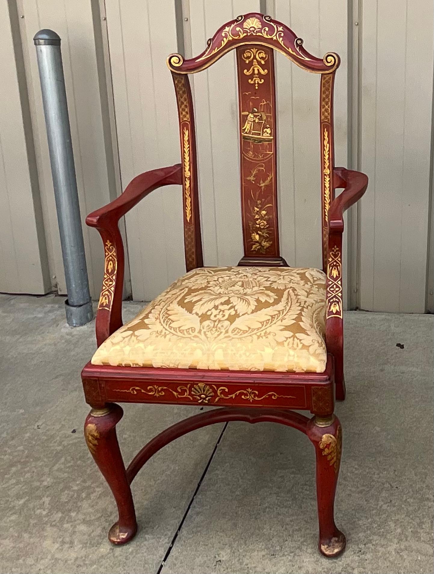 Early English Queen Anne Style Red & Gilt Chinoiserie Dining Chairs -S/10 For Sale 7