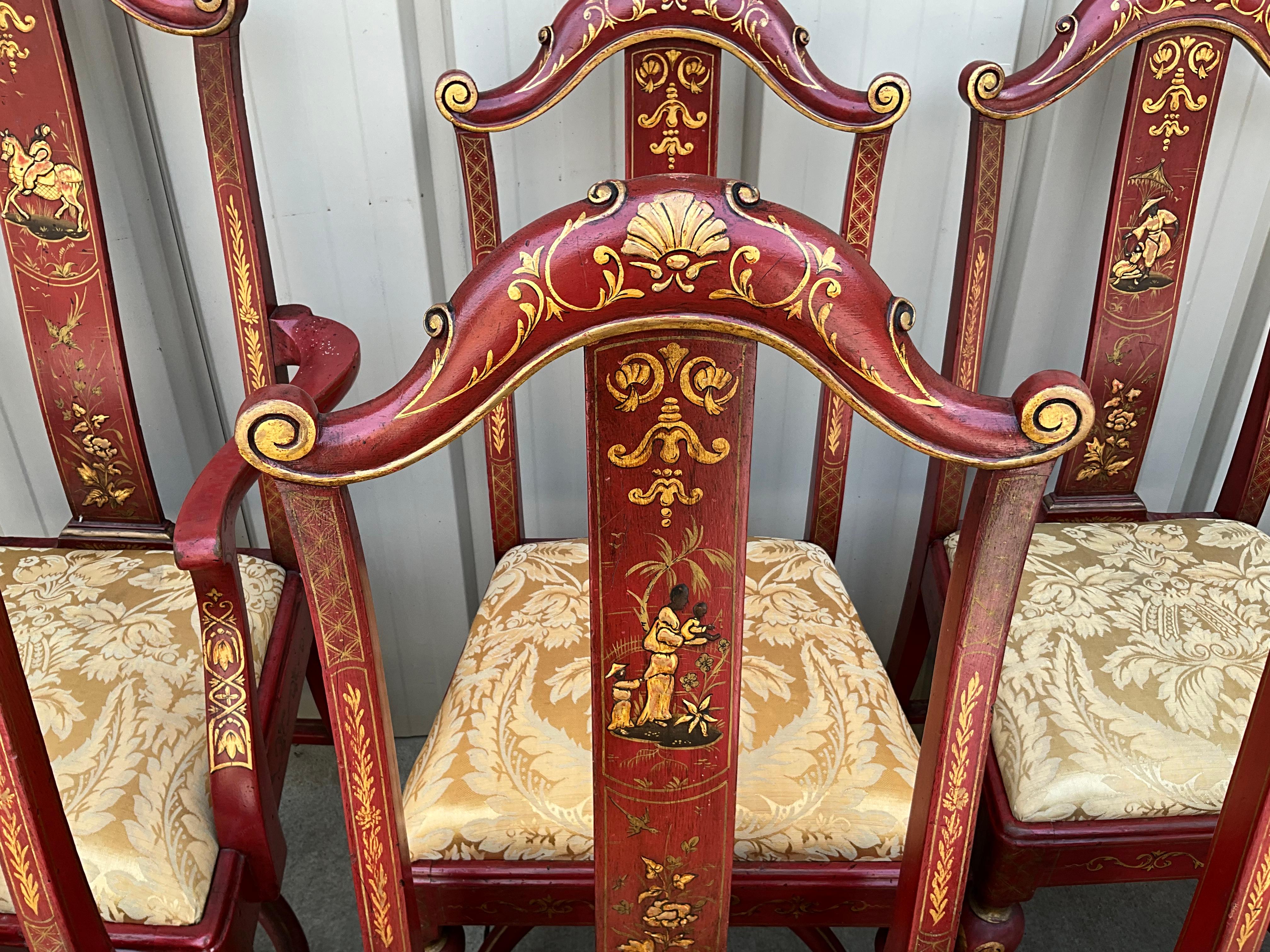 20th Century Early English Queen Anne Style Red & Gilt Chinoiserie Dining Chairs -S/10 For Sale