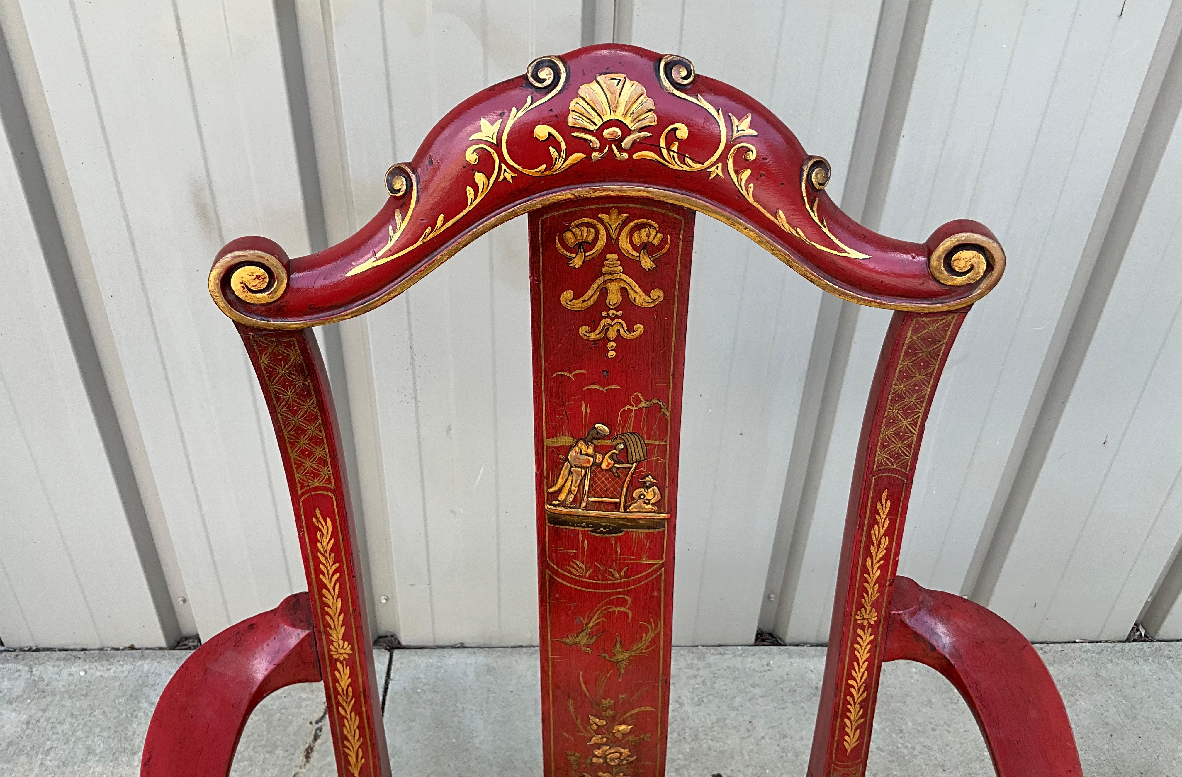 Upholstery Early English Queen Anne Style Red & Gilt Chinoiserie Dining Chairs -S/10 For Sale