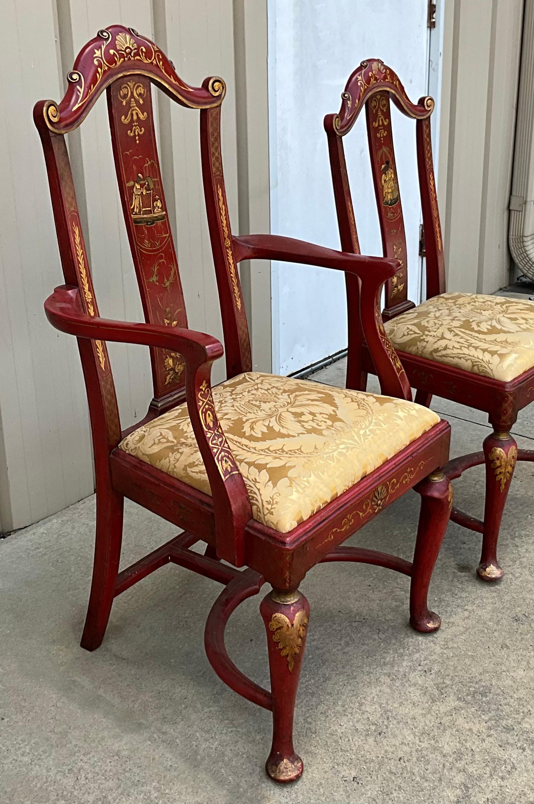 Early English Queen Anne Style Red & Gilt Chinoiserie Dining Chairs -S/10 For Sale 2