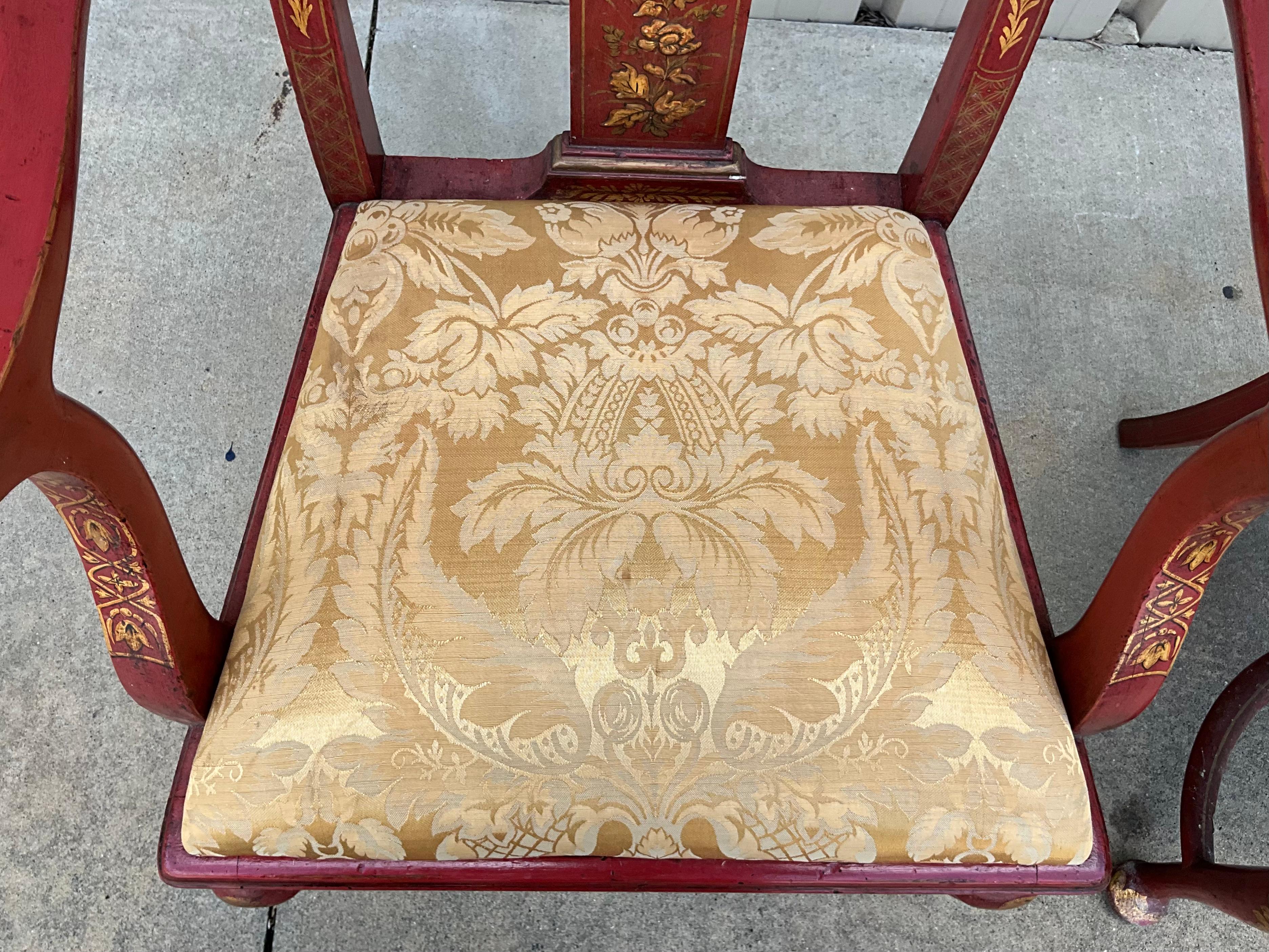 Early English Queen Anne Style Red & Gilt Chinoiserie Dining Chairs -S/10 For Sale 4