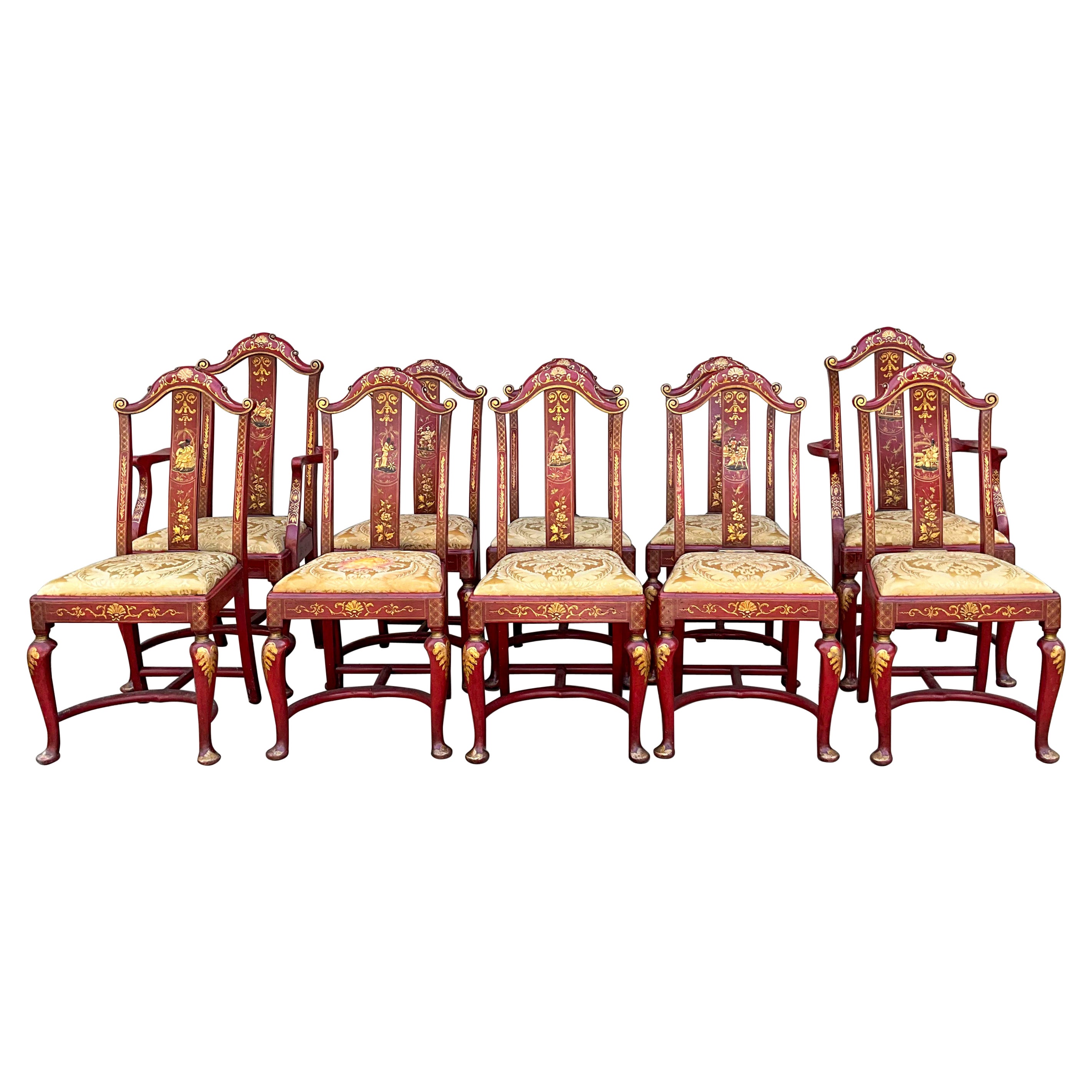 Frühe englische Queen Anne Stil Rot & vergoldet Chinoiserie Esszimmerstühle -S/10