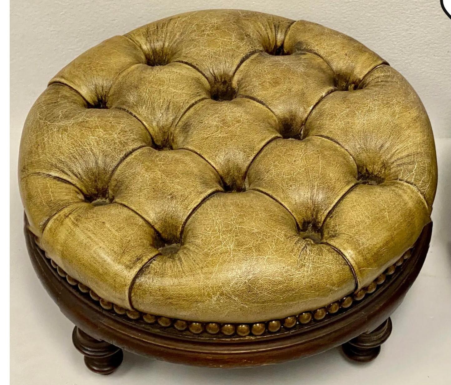 European Early English Tufted Gold Leather Chesterfield Ottomans, a Pair For Sale
