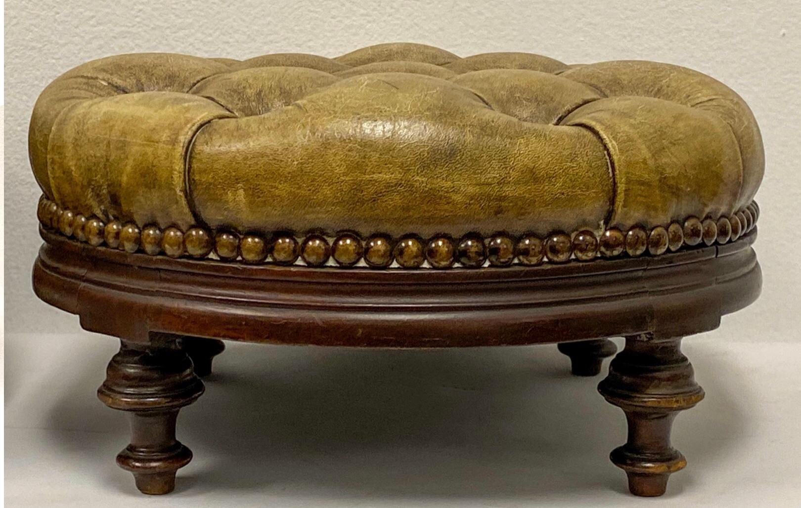 Early English Tufted Gold Leather Chesterfield Ottomans, a Pair In Good Condition For Sale In Kennesaw, GA