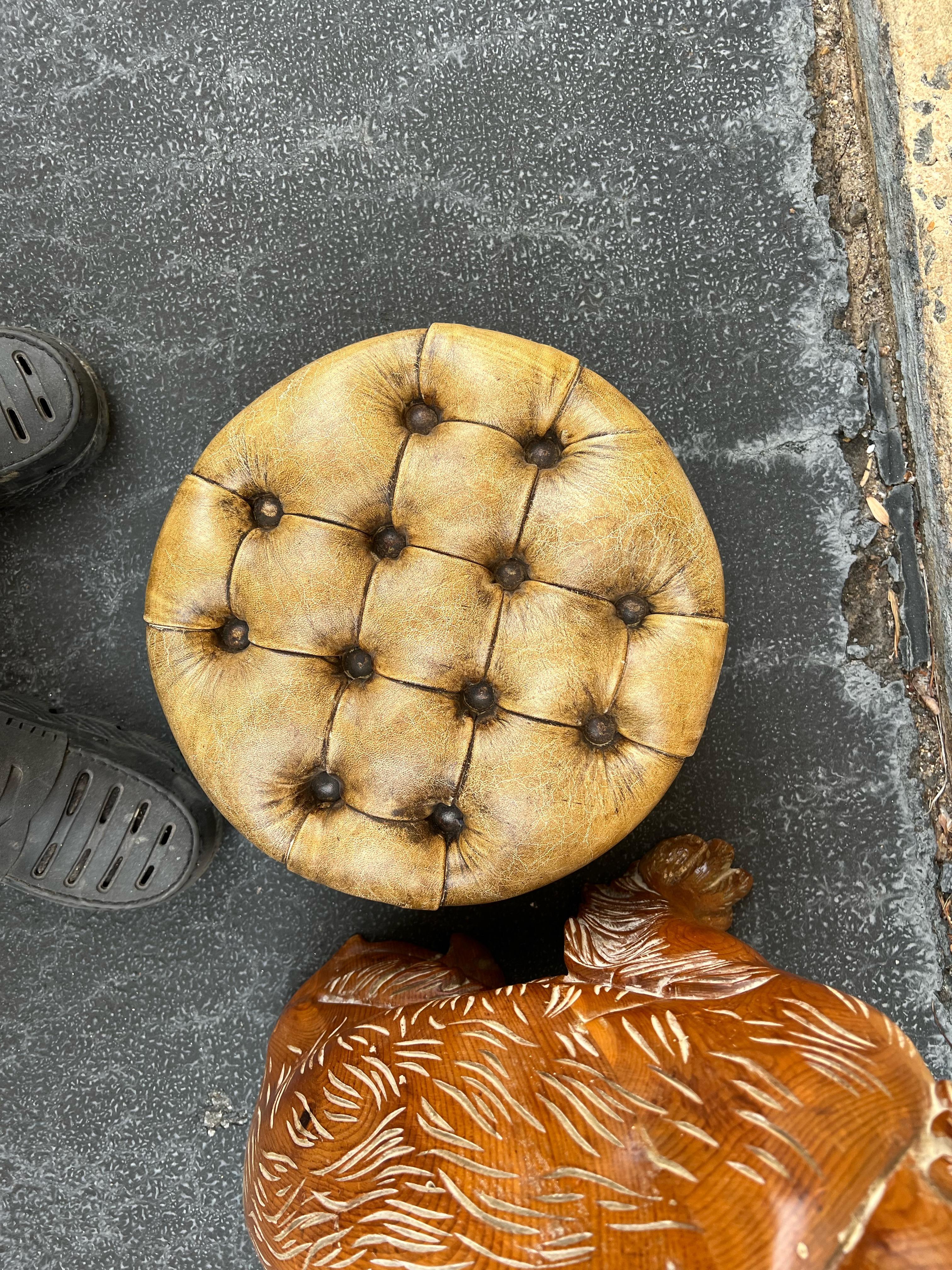 Early English Tufted Gold Leather Chesterfield Ottomans, a Pair For Sale 2