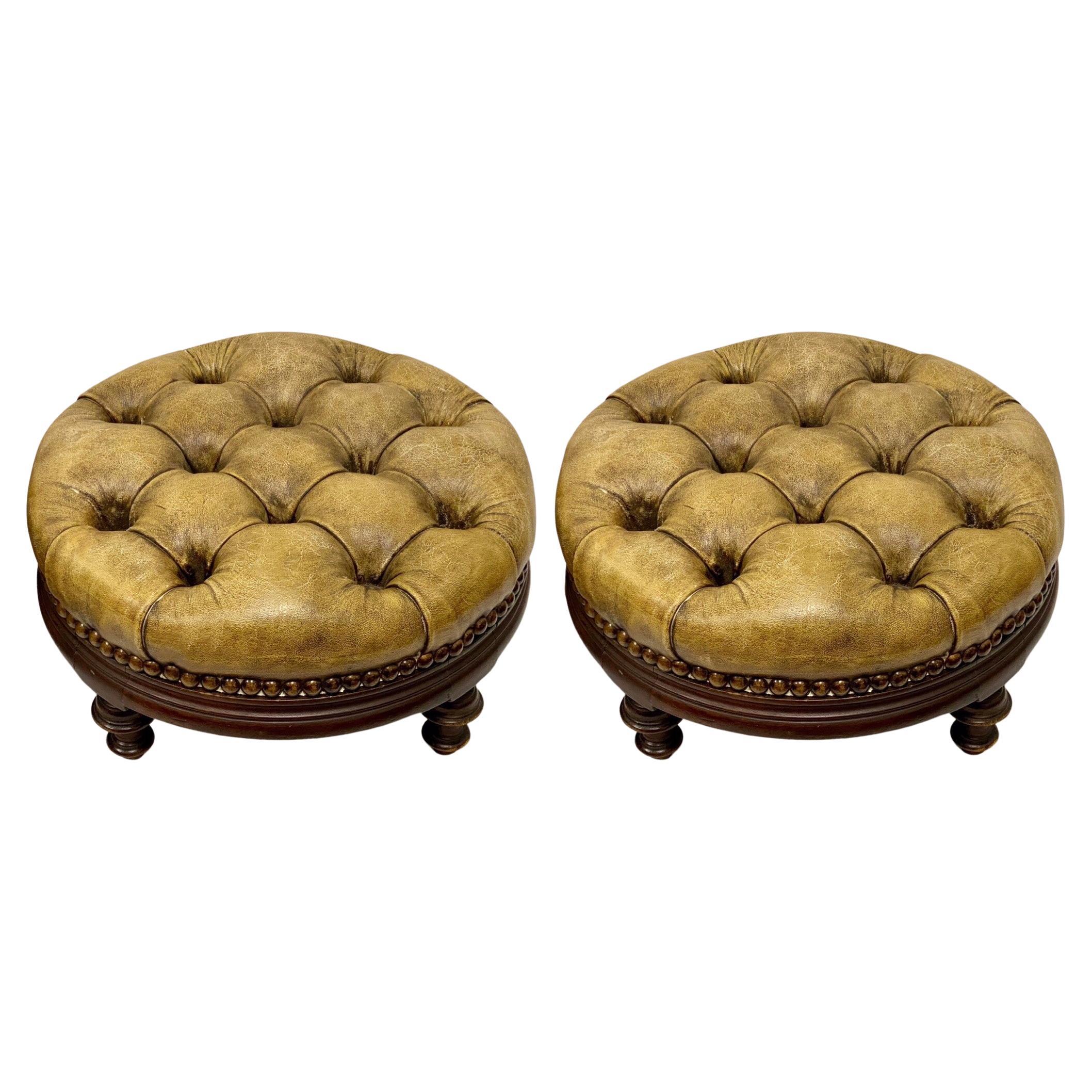 Early English Tufted Gold Leather Chesterfield Ottomans, a Pair For Sale