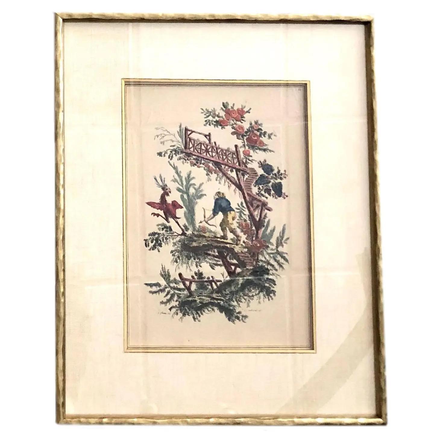 18th century circa 1750s English chinoiserie figures in the french taste. Drawn, designed and hand colored by Jean Pillement and engraved by P. C.Canot. In Italian gilded bamboo style frames with a modern twist. The set of four engravings have two