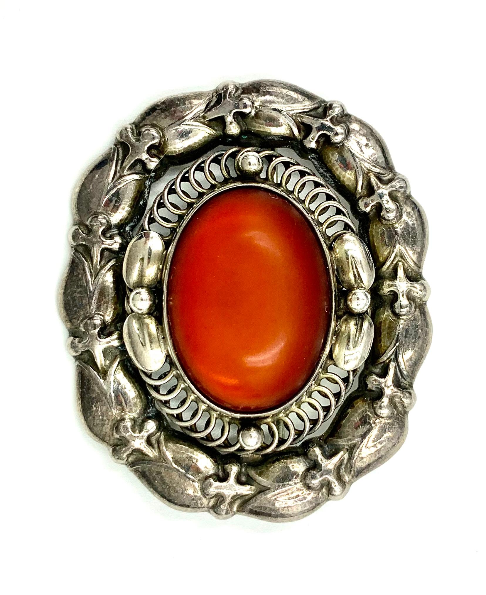 Early Estate Georg Jensen Cabochon Amber Sterling Silver Pendant Brooch For Sale 5