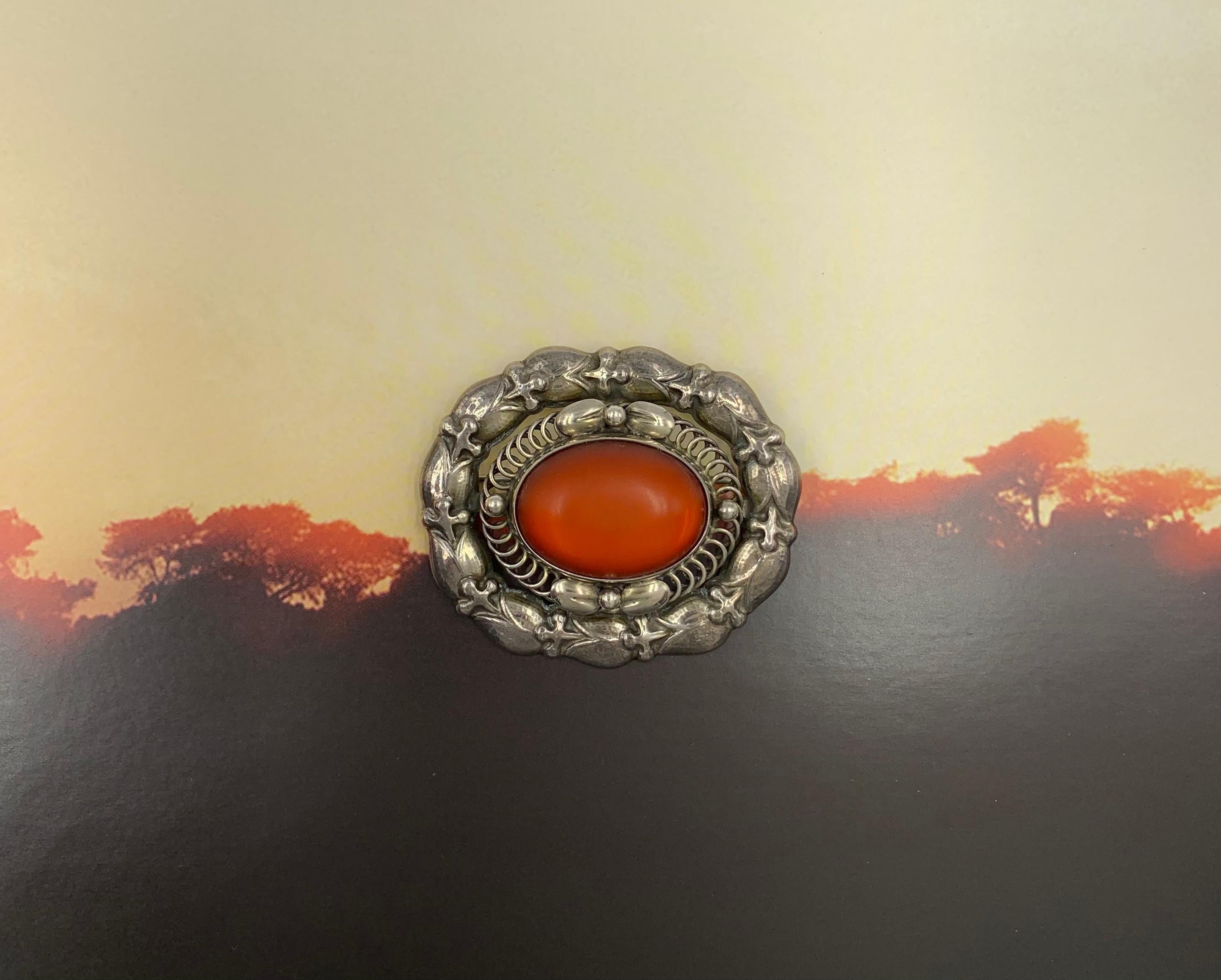 Early Estate Georg Jensen Cabochon Amber Sterling Silver Pendant Brooch For Sale 6