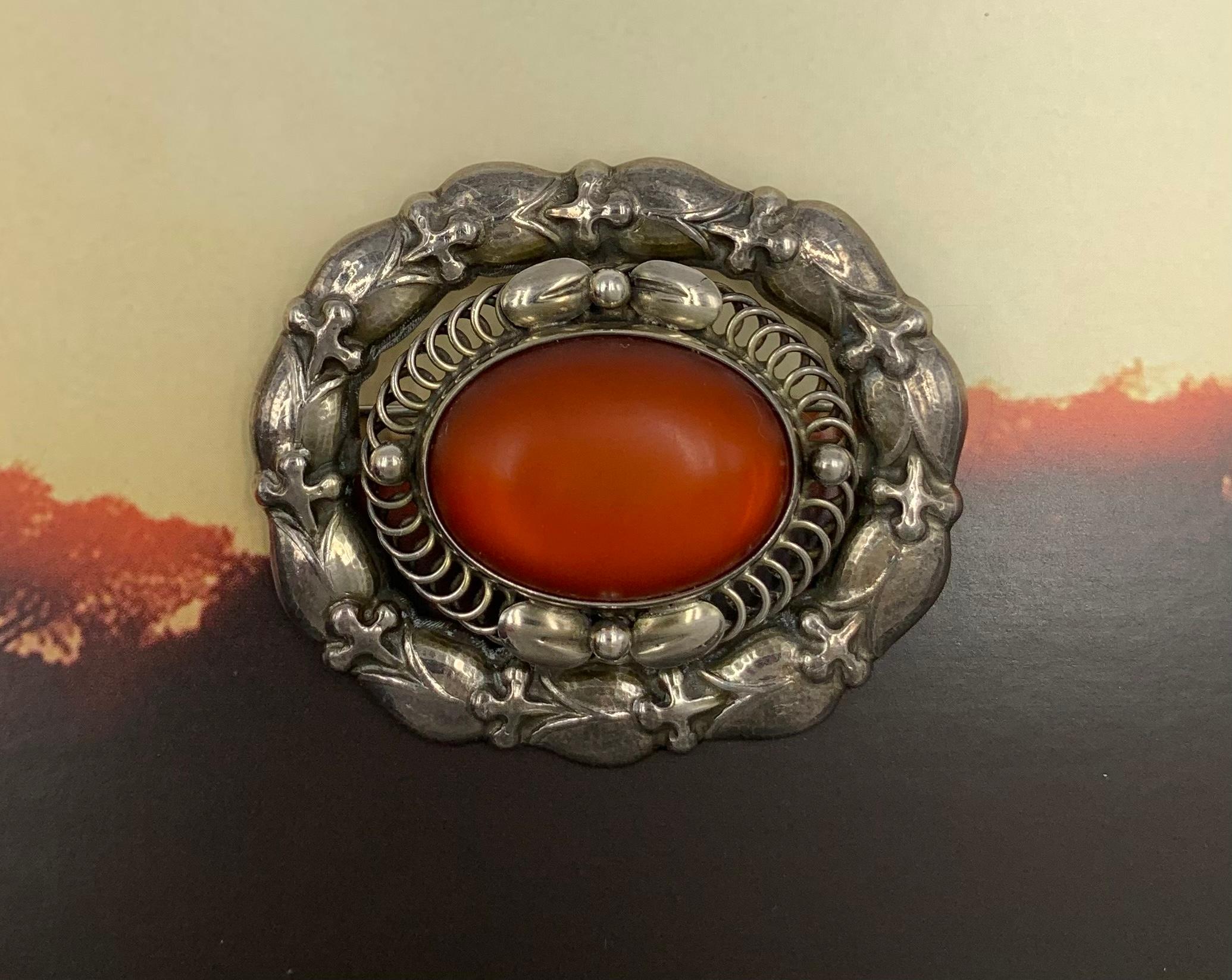 Romantic Early Estate Georg Jensen Cabochon Amber Sterling Silver Pendant Brooch For Sale