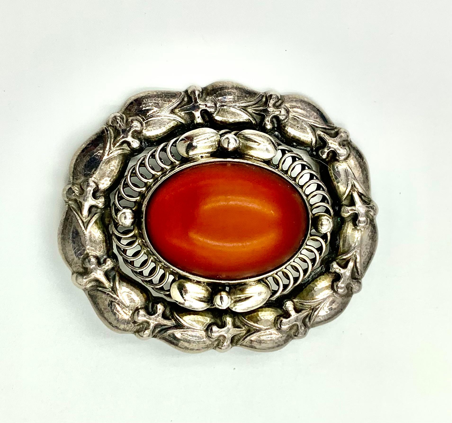 Early Estate Georg Jensen Cabochon Amber Sterling Silver Pendant Brooch For Sale 4