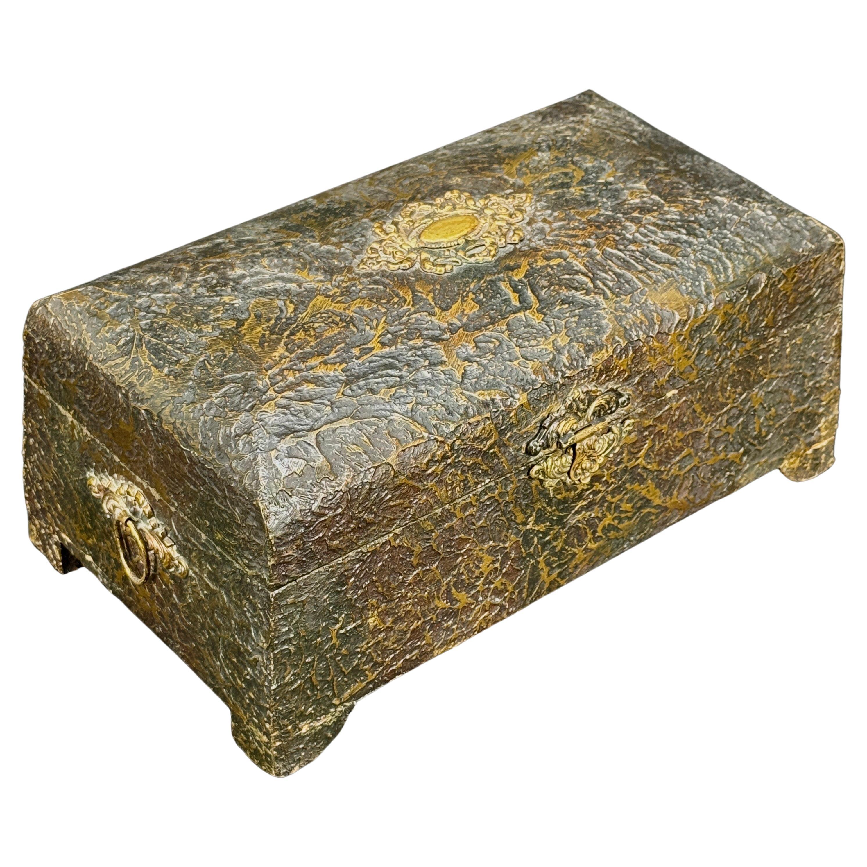 Early European Faux Bois Jewelry Box With Mirror and Brass Hardware For Sale