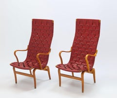 Fauteuils « Eva Hög » en sangles rouges d'origine de Bruno Mathsson, 1948