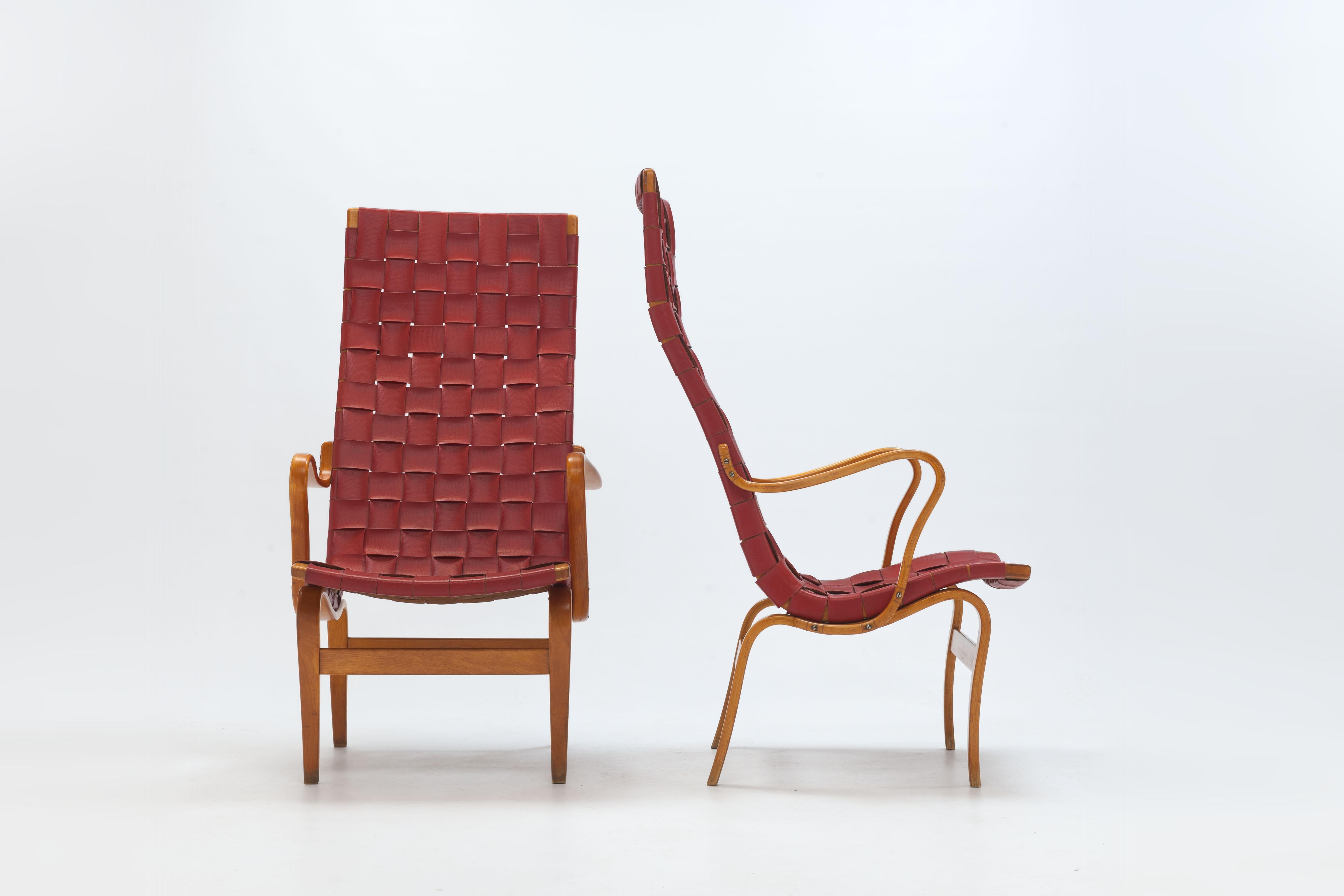 Early 'Eva Hög' Chairs '1948' by Bruno Mathsson in Original Red Webbing 10