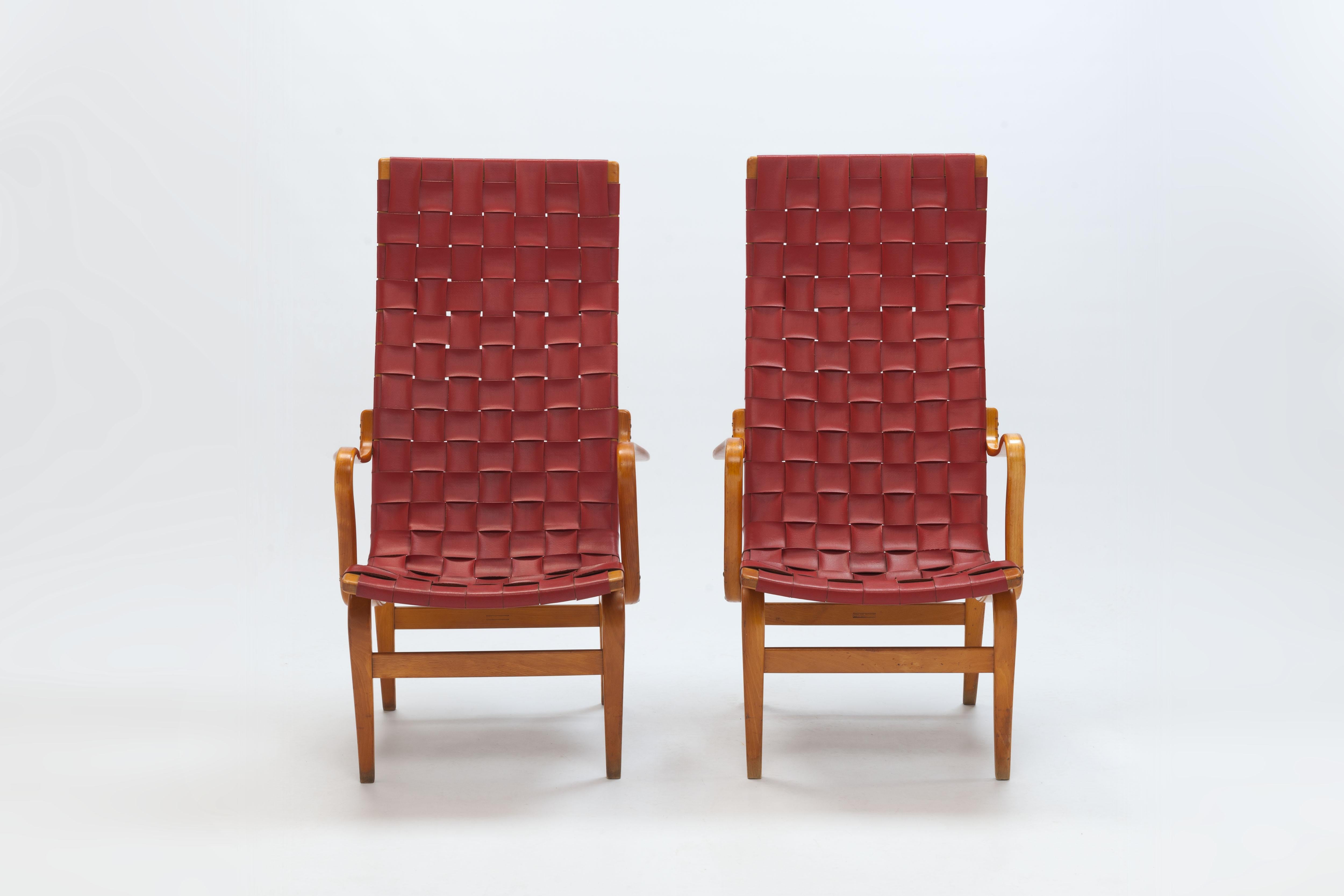 Swedish Early 'Eva Hög' Chairs '1948' by Bruno Mathsson in Original Red Webbing