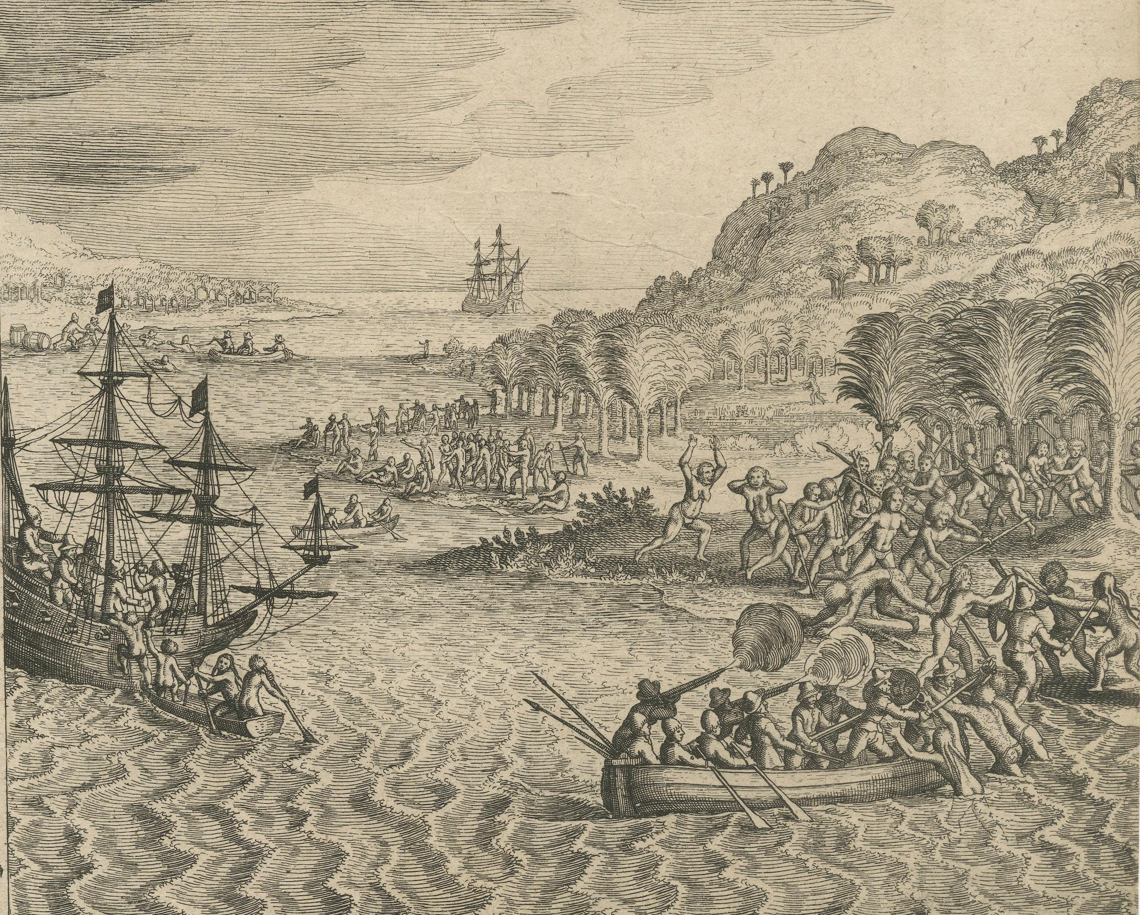 De Bry Engraving “Wie es den Holländern in der Grundlosen Insul ergangen” – Encounter of the Dutch with Islanders, c.1599

A remarkable original copper engraving from Theodor de Bry’s Grand Voyages, Part VI (Frankfurt am Main, circa 1599),