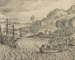 Frühe Entdeckungsgravur - Niederländische Begegnung mit Inselbewohnern, De Bry 1599