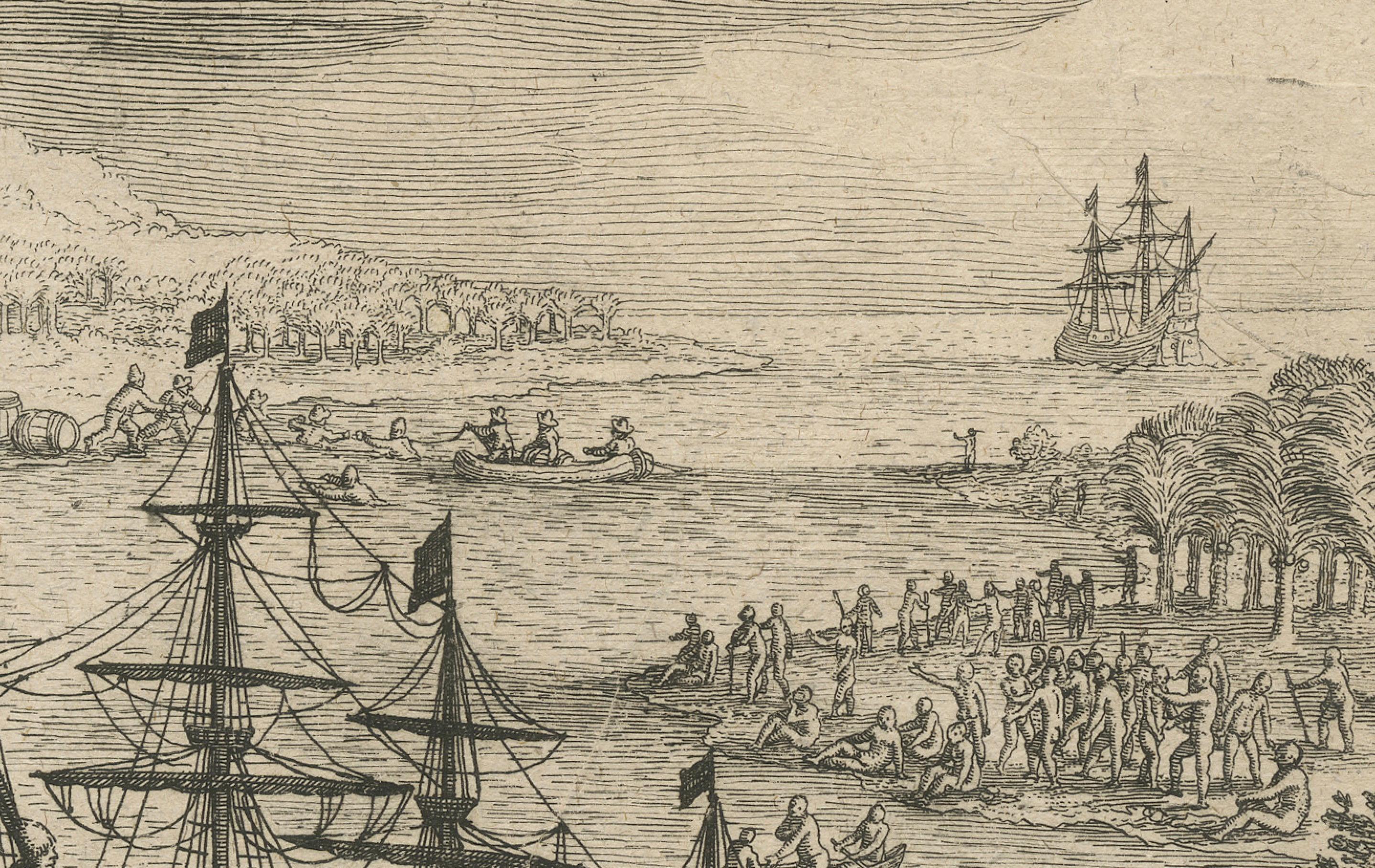 Allemand Early Exploration Engraving – Dutch Encounter with Islanders, De Bry 1599 en vente