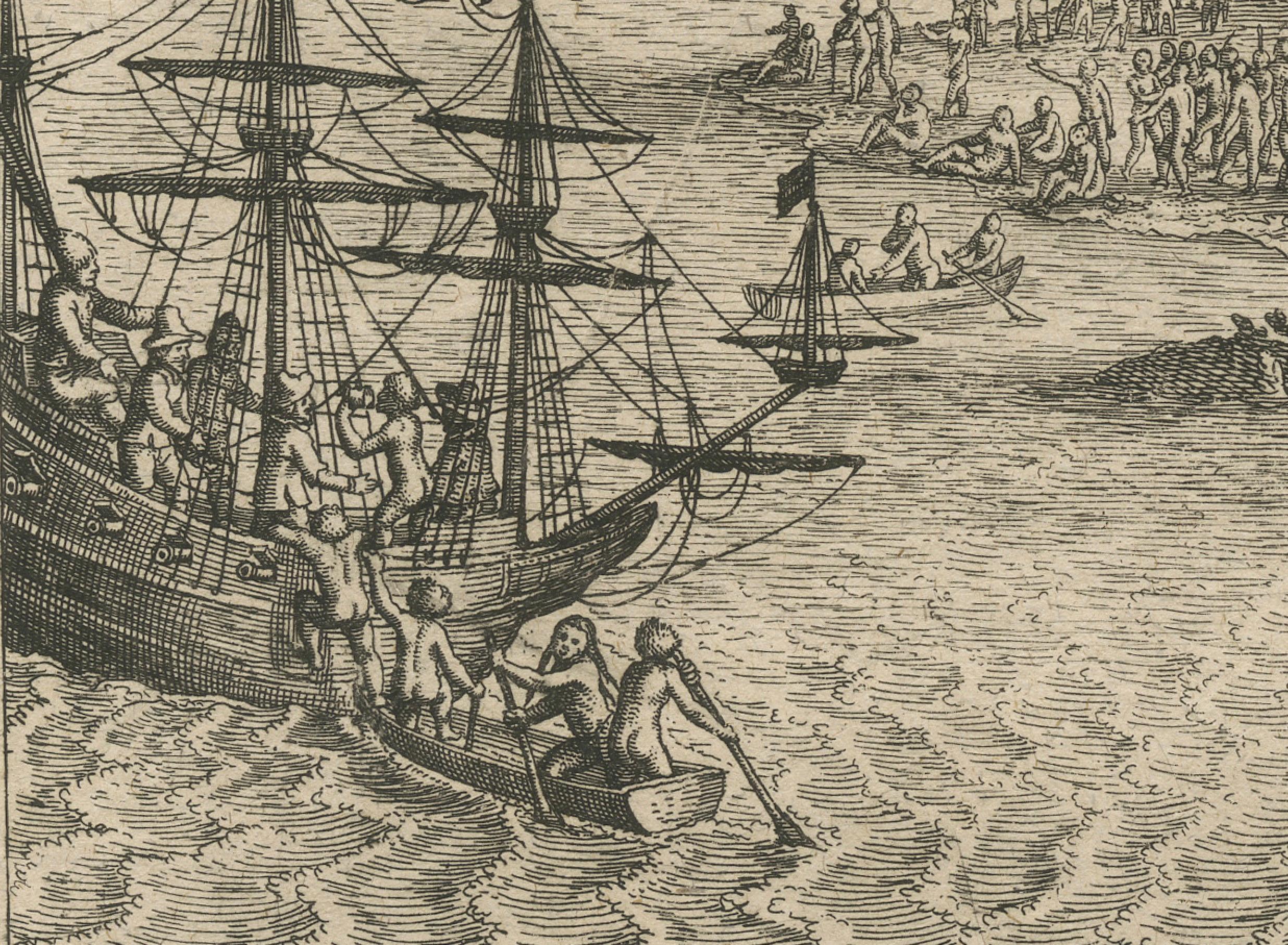 Gravé Early Exploration Engraving – Dutch Encounter with Islanders, De Bry 1599 en vente