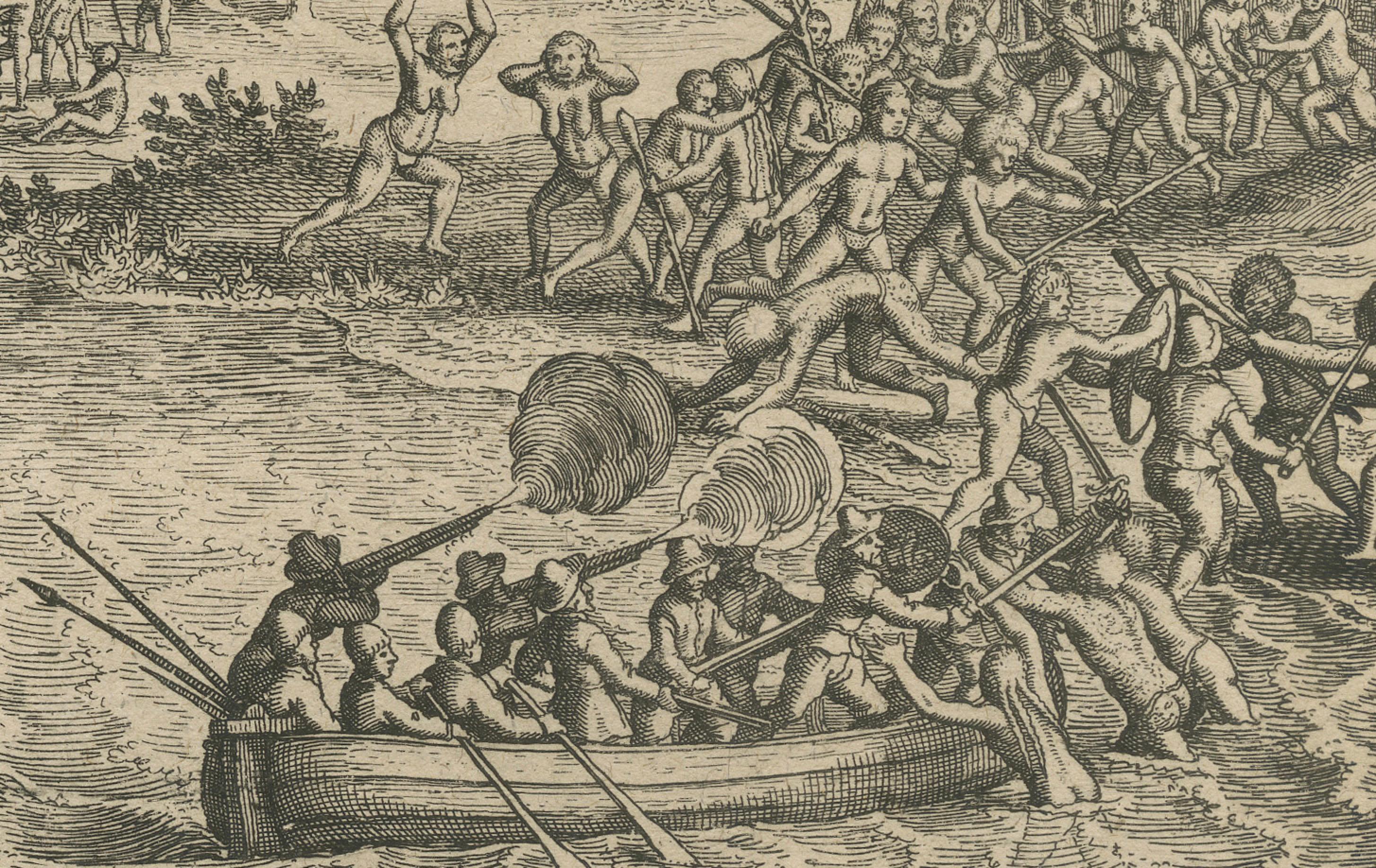 Early Exploration Engraving – Dutch Encounter with Islanders, De Bry 1599 Bon état - En vente à Langweer, NL