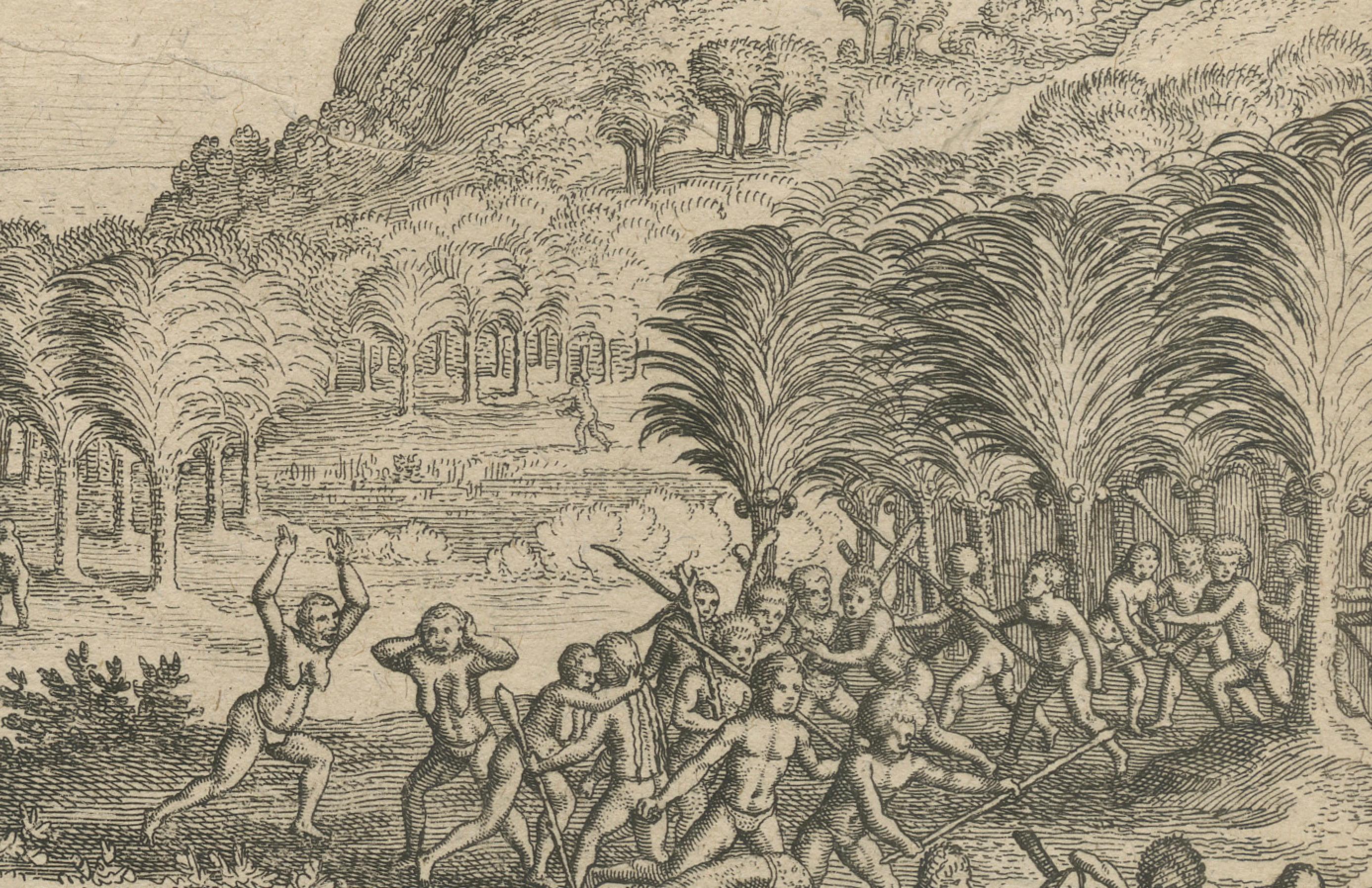XVIIIe siècle et antérieur Early Exploration Engraving – Dutch Encounter with Islanders, De Bry 1599 en vente