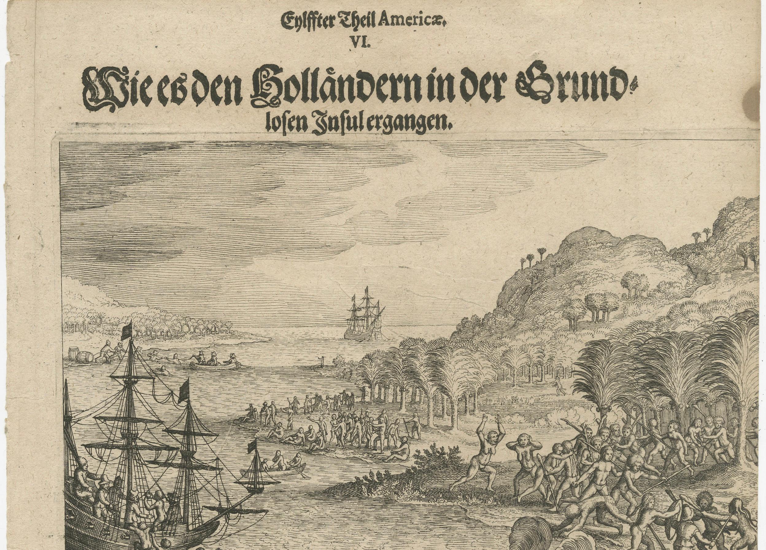 Papier Early Exploration Engraving – Dutch Encounter with Islanders, De Bry 1599 en vente