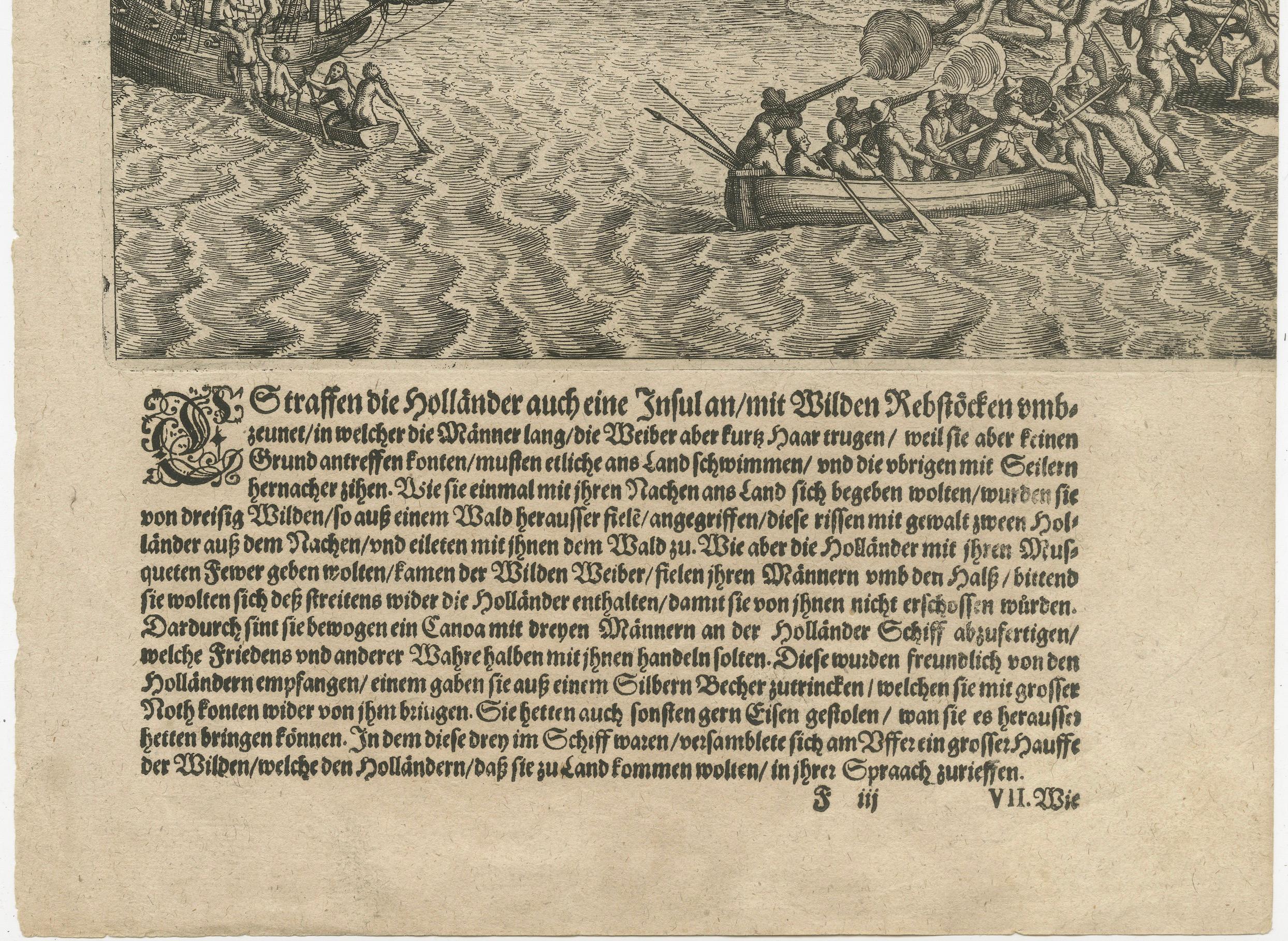 Early Exploration Engraving – Dutch Encounter with Islanders, De Bry 1599 en vente 1