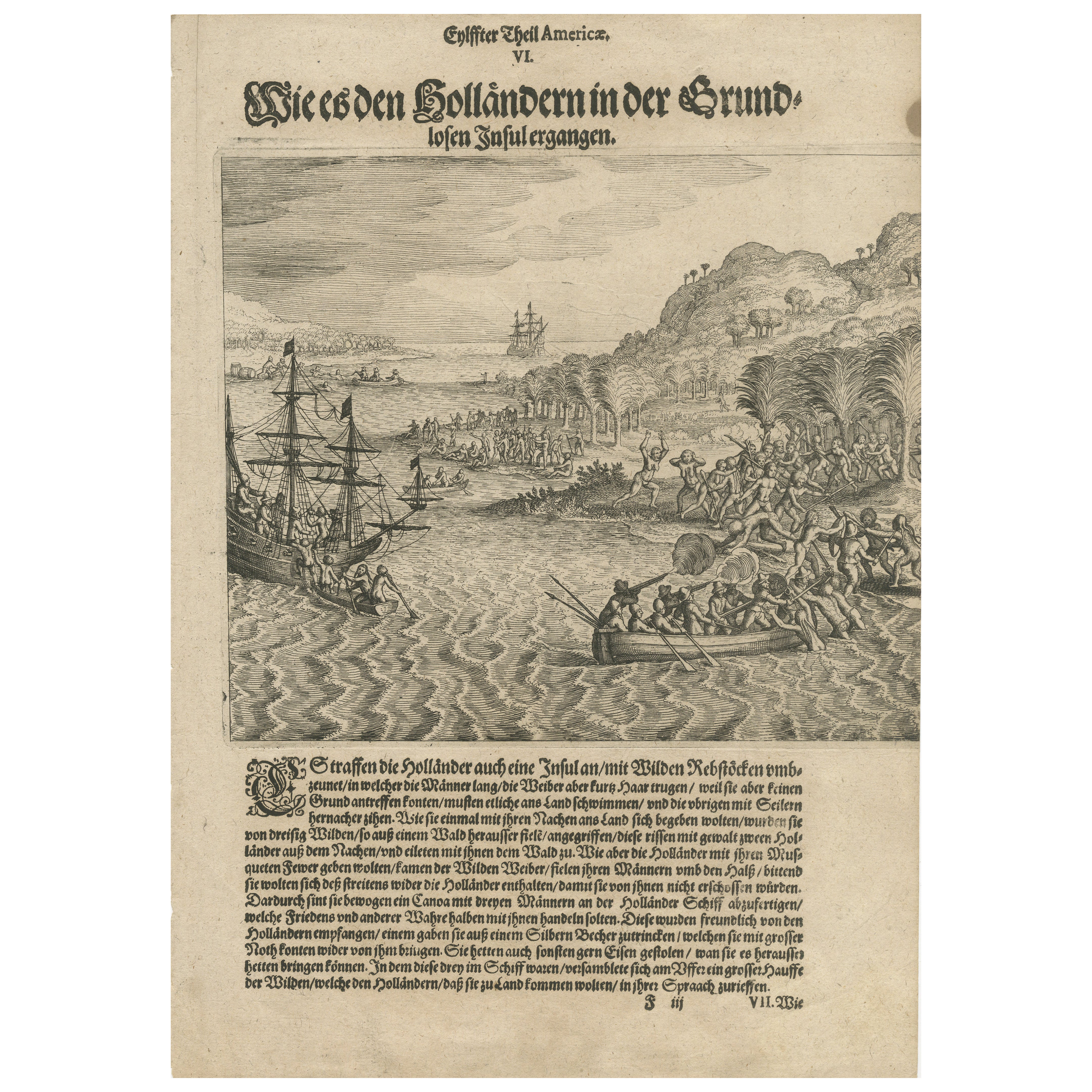 Early Exploration Engraving – Dutch Encounter with Islanders, De Bry 1599