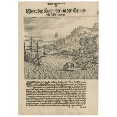 Early Exploration Engraving – Dutch Encounter with Islanders, De Bry 1599