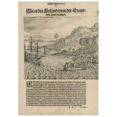 Early Exploration Engraving – Dutch Encounter with Islanders, De Bry 1599