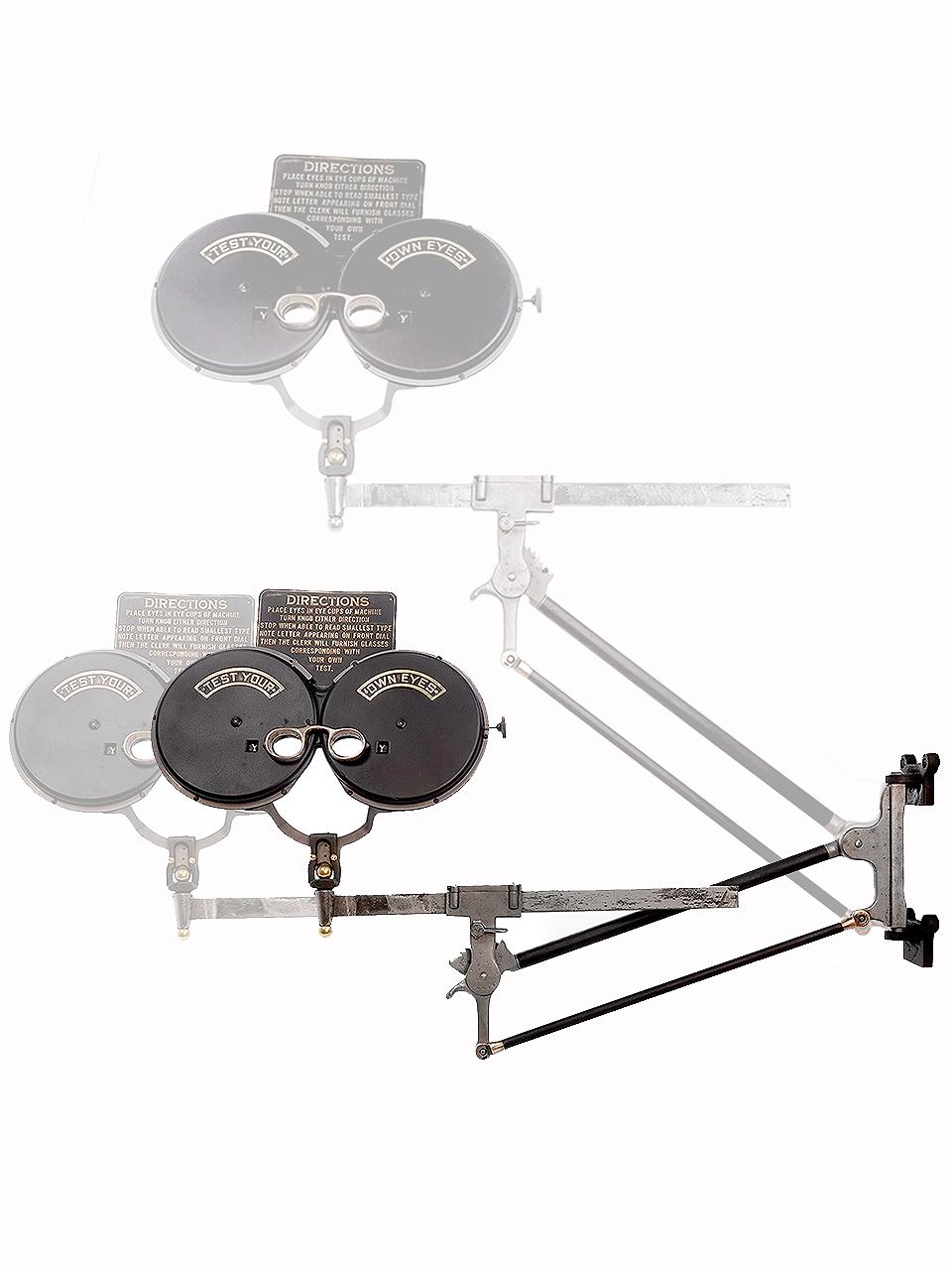 Il s'agit d'un premier stimulateur du commerce des lunettes... TESTEZ VOS PROPRES YEUX. Il s'agit d'un optomètre dont le cadran se trouve à droite de l'appareil. Tournez le cadran et vous obtenez un carrousel à double engrenage avec une douzaine de
