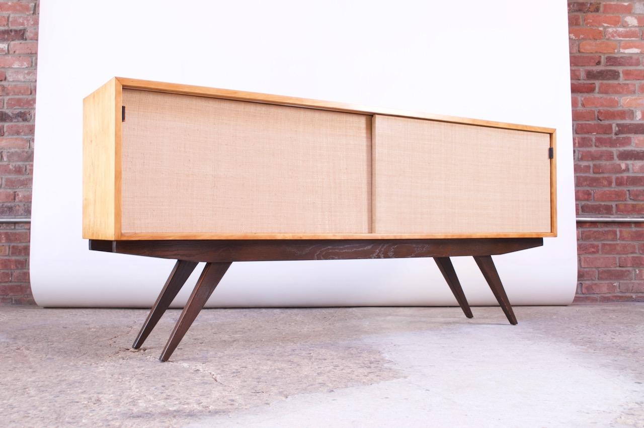 Mid-Century Modern Early Florence Knoll Credenza / Cabinet in Mahogany, Birch, and Grasscloth