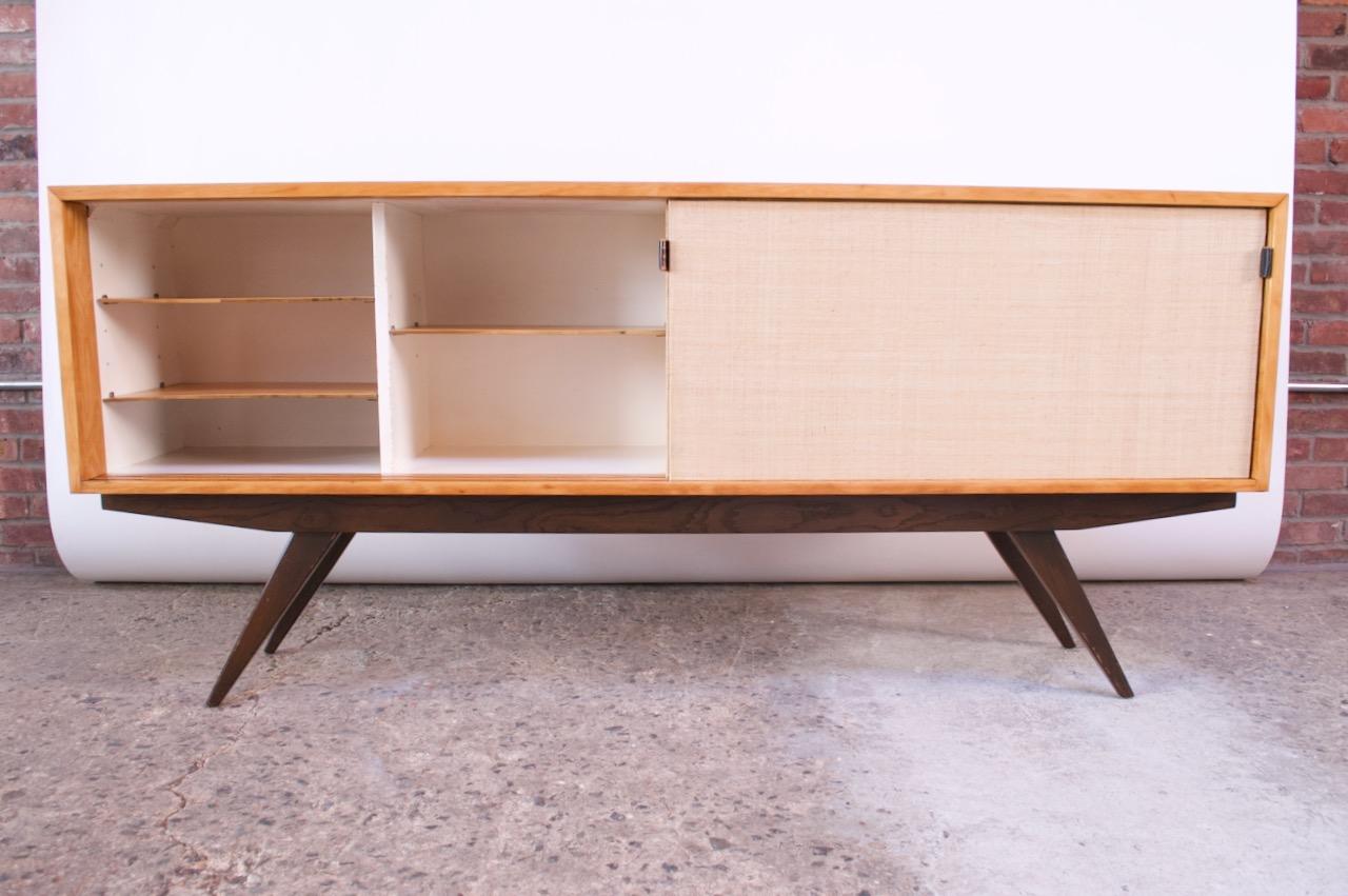 American Early Florence Knoll Credenza / Cabinet in Mahogany, Birch, and Grasscloth