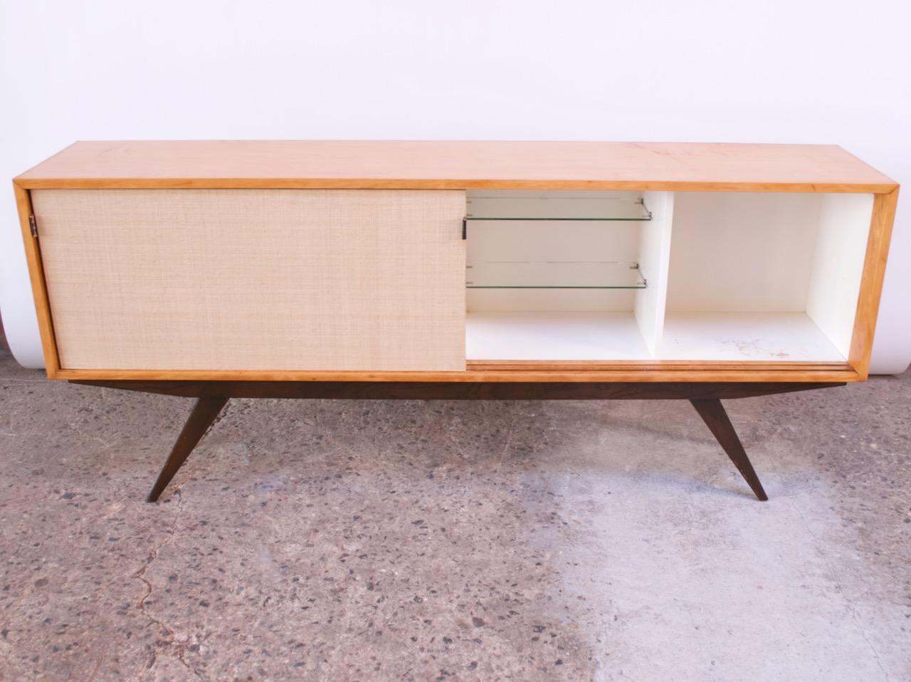 Stained Early Florence Knoll Credenza / Cabinet in Mahogany, Birch, and Grasscloth