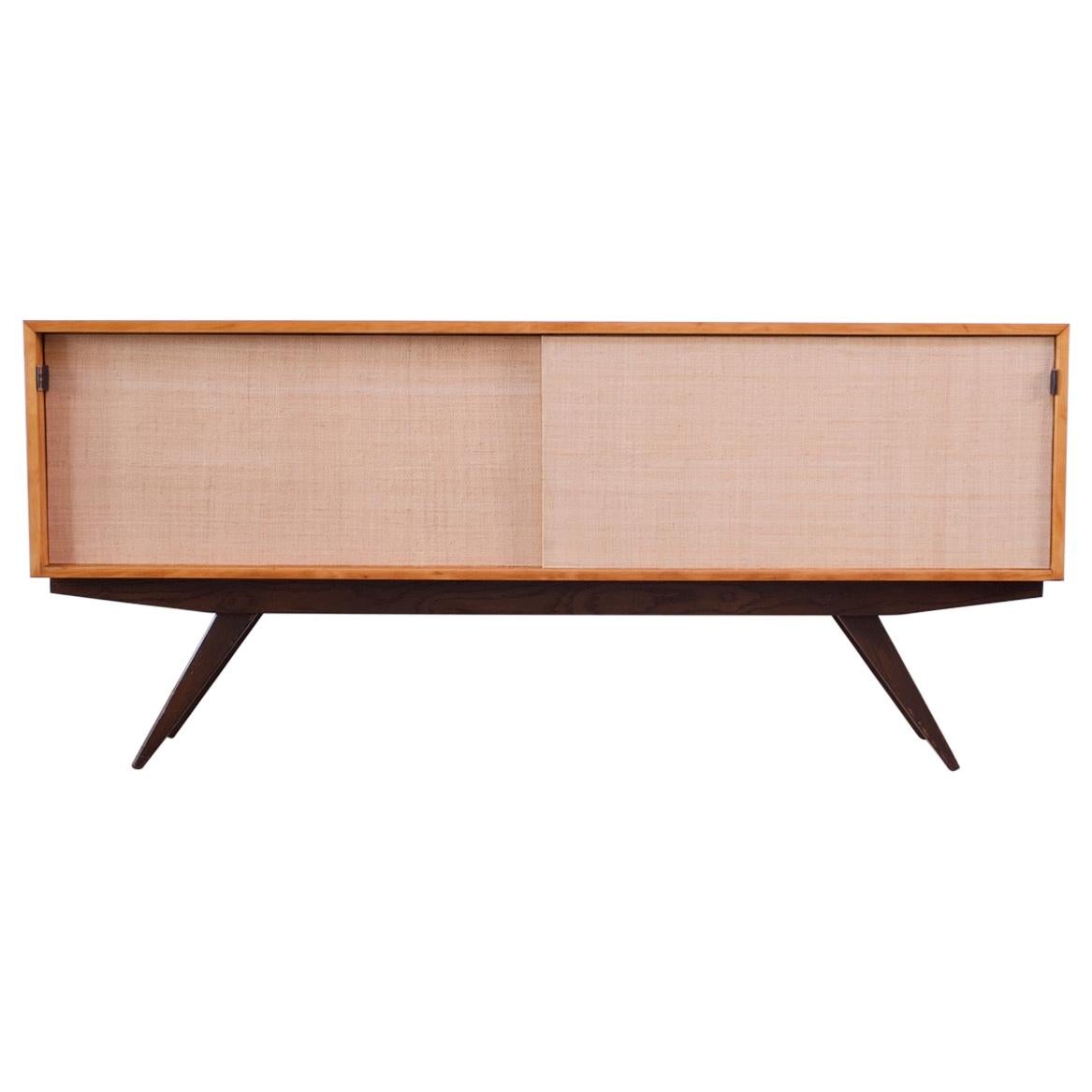 Early Florence Knoll Credenza / Cabinet in Mahogany, Birch, and Grasscloth