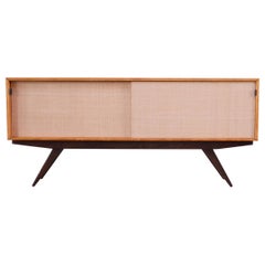 Early Florence Knoll Credenza / Cabinet in Mahogany, Birch, and Grasscloth