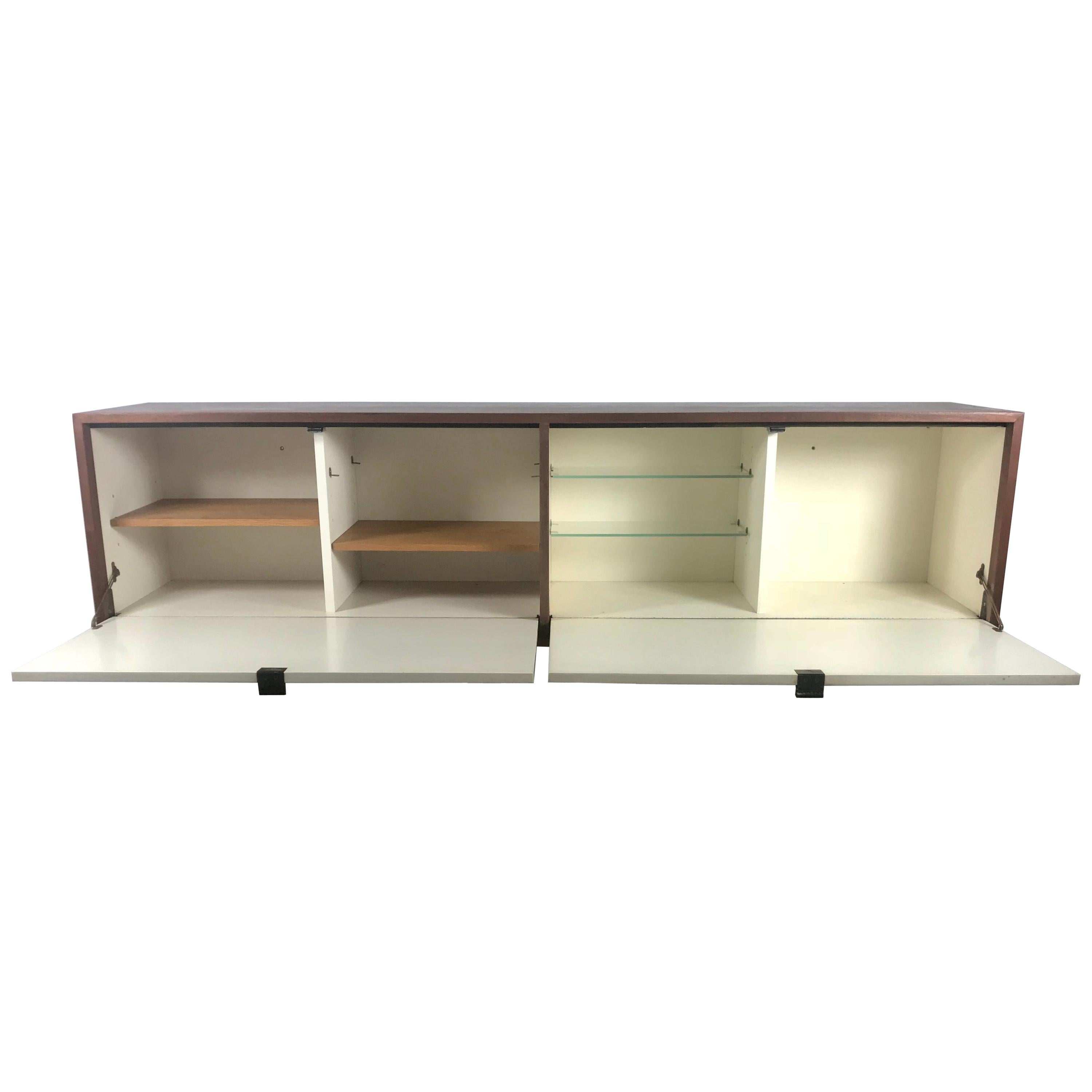 Early Florence Knoll for Knoll NY Wall Hung Credenza or Bar, Leather Pulls