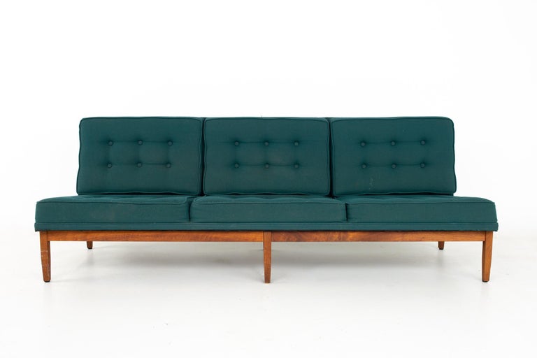 Mid-Century Modern Early Florence Knoll MCM Parallel Bar Walnut and Teal Green Daybed Slipper Sofa For Sale