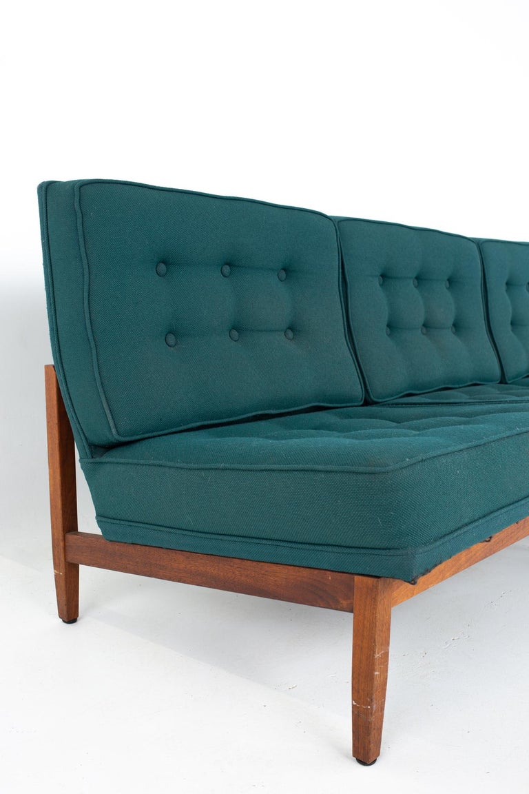 American Early Florence Knoll MCM Parallel Bar Walnut and Teal Green Daybed Slipper Sofa For Sale
