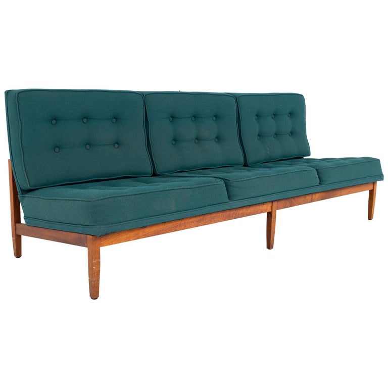 Early Florence Knoll MCM Parallel Bar Walnut and Teal Green Daybed Slipper Sofa For Sale
