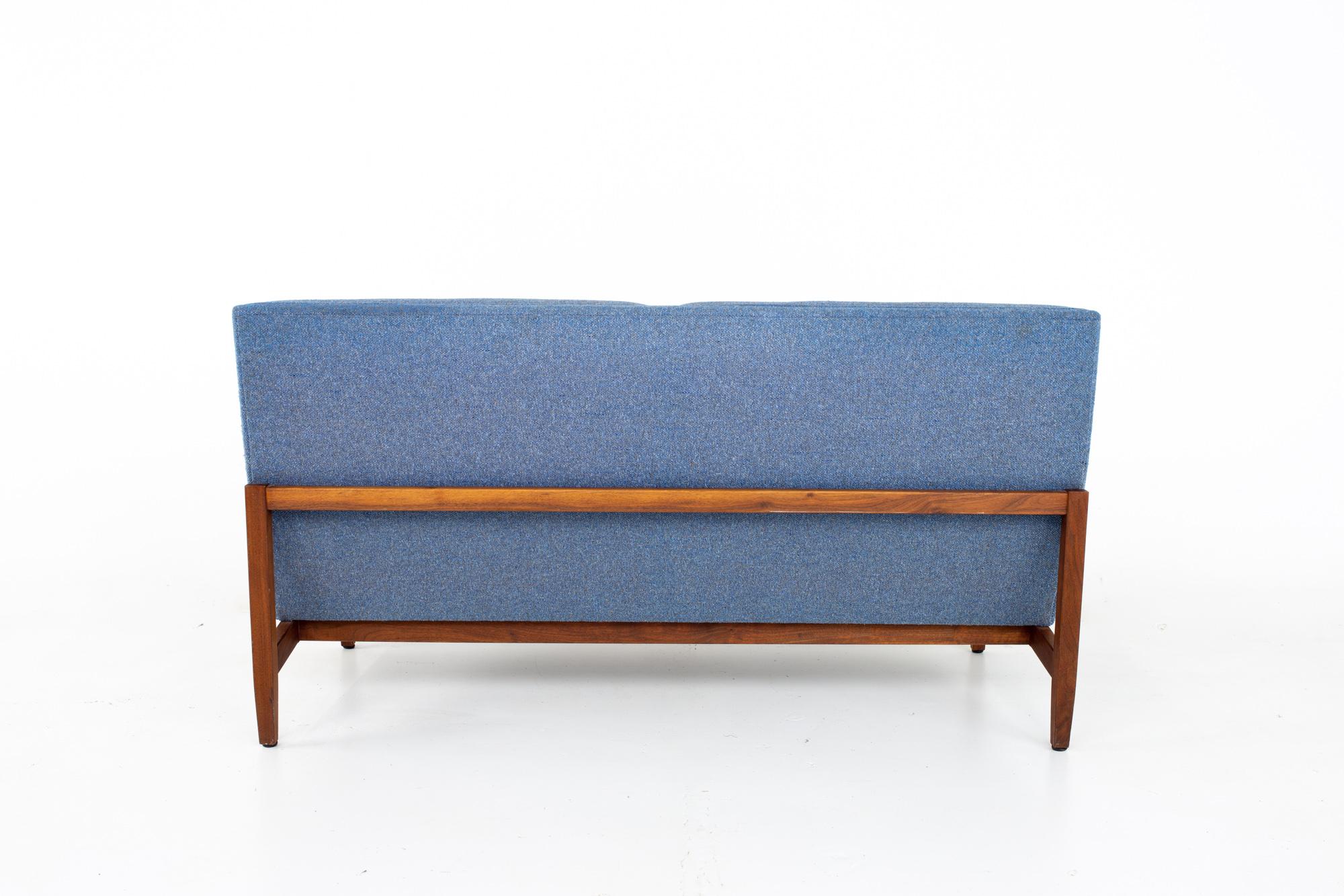 Early Florence Knoll Mid Century Parallel Bar Walnut Blue Settee Love Seat Sofa 3
