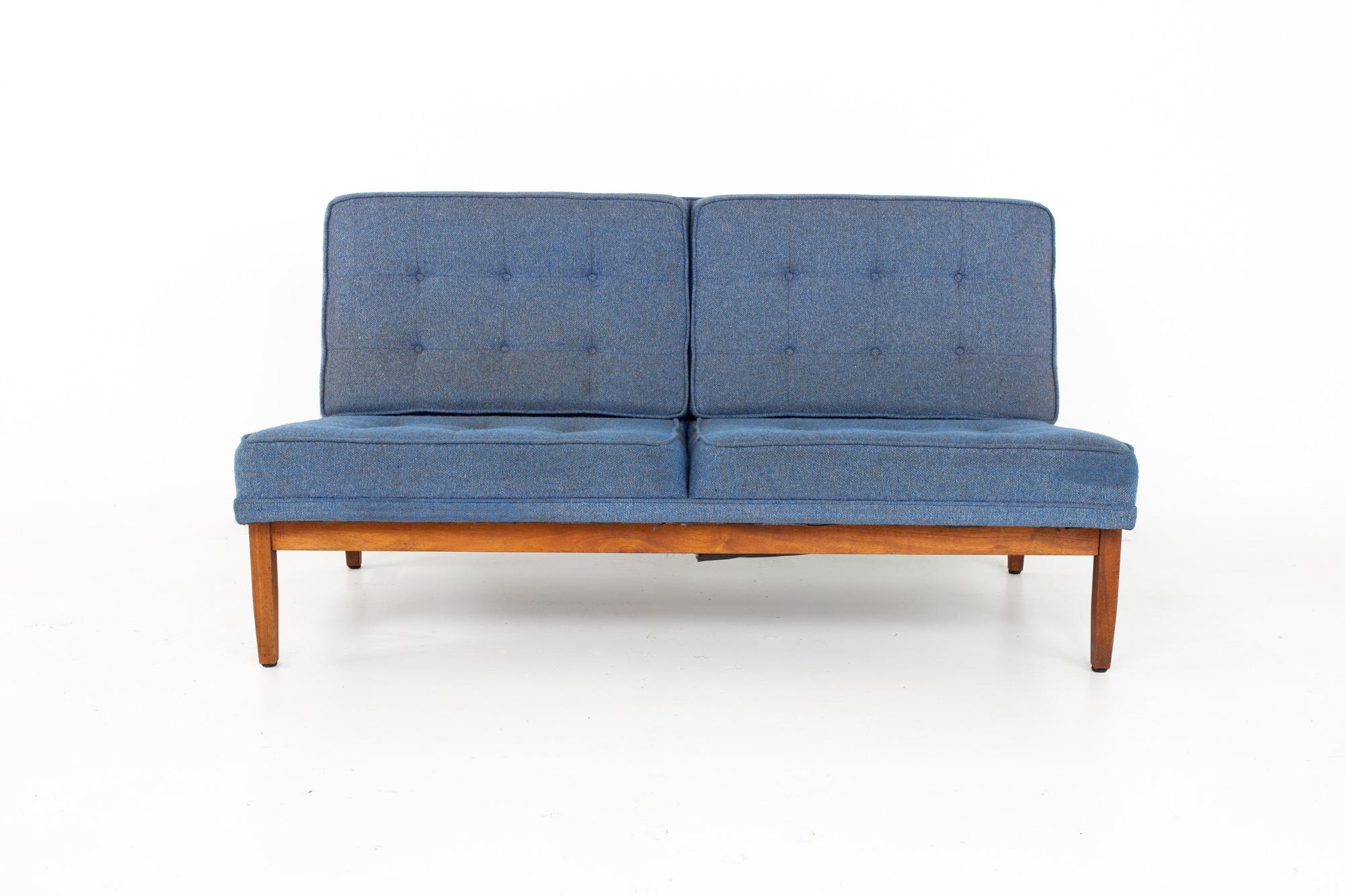 Mid-Century Modern Early Florence Knoll Mid Century Parallel Bar Walnut Blue Settee Love Seat Sofa