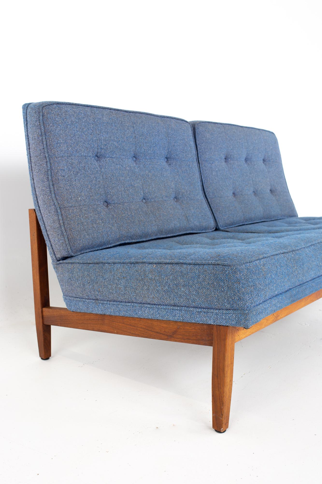 American Early Florence Knoll Mid Century Parallel Bar Walnut Blue Settee Love Seat Sofa