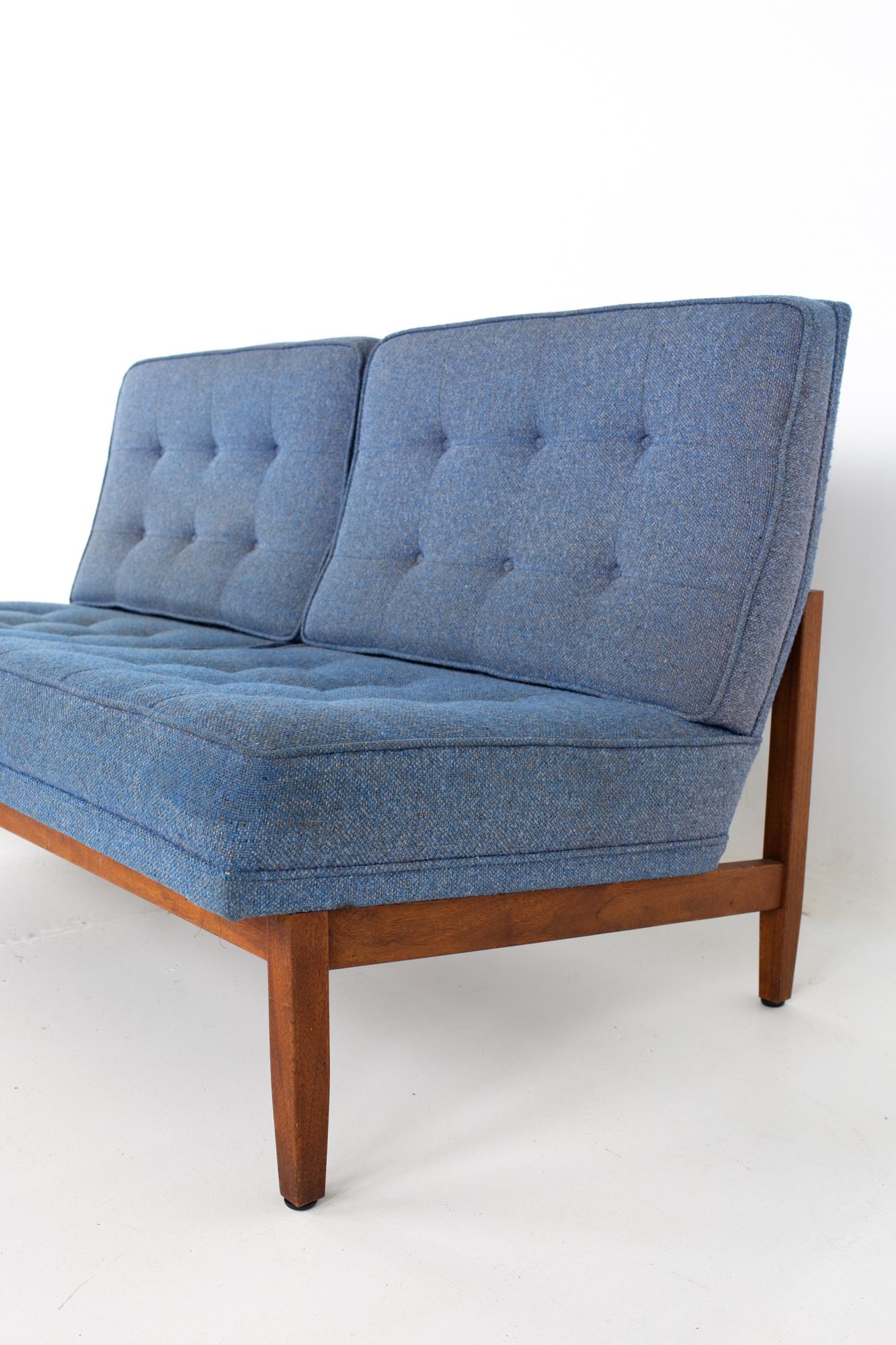 Early Florence Knoll Mid Century Parallel Bar Walnut Blue Settee Love Seat Sofa In Good Condition In Countryside, IL