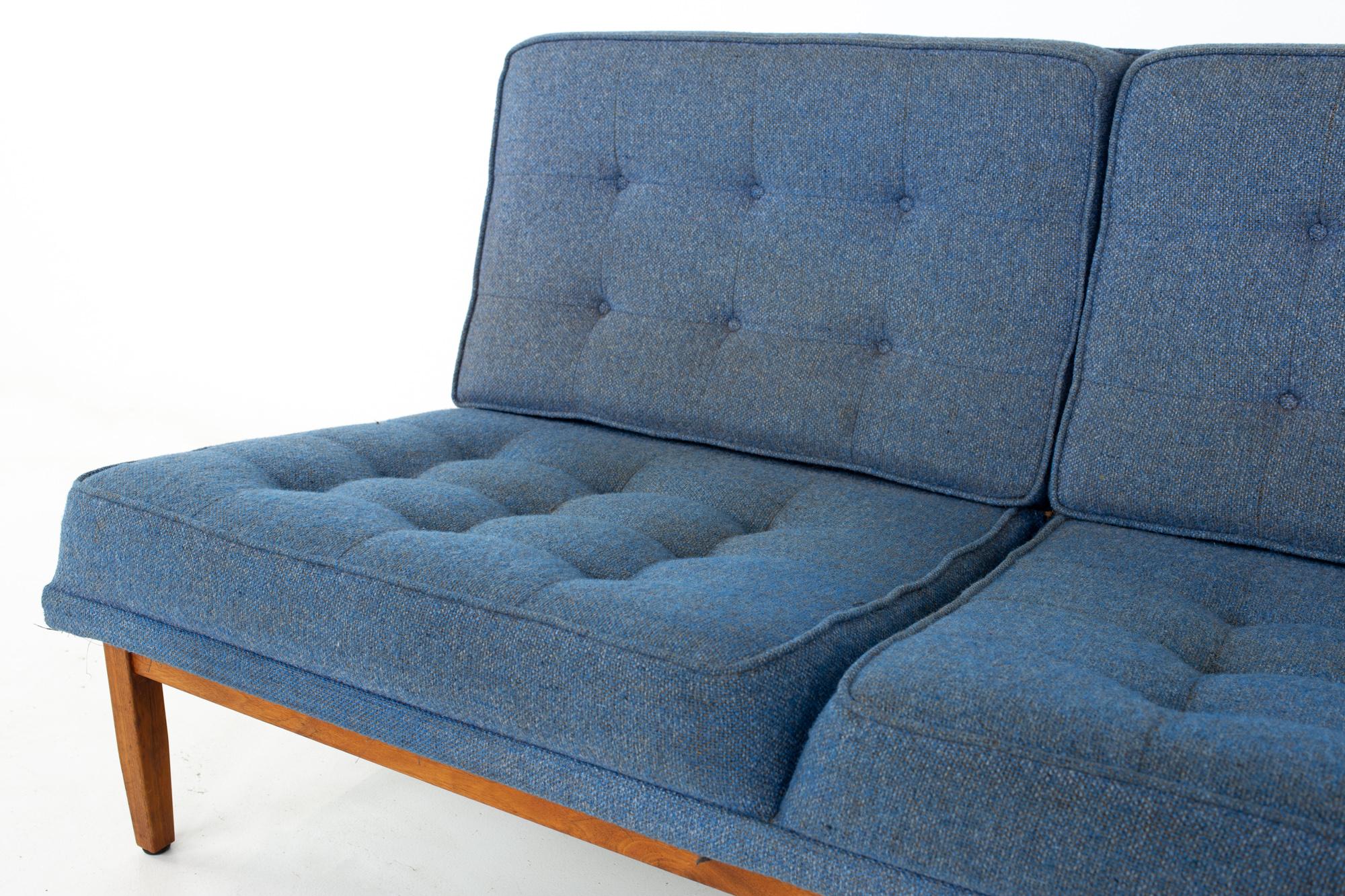 Upholstery Early Florence Knoll Mid Century Parallel Bar Walnut Blue Settee Love Seat Sofa