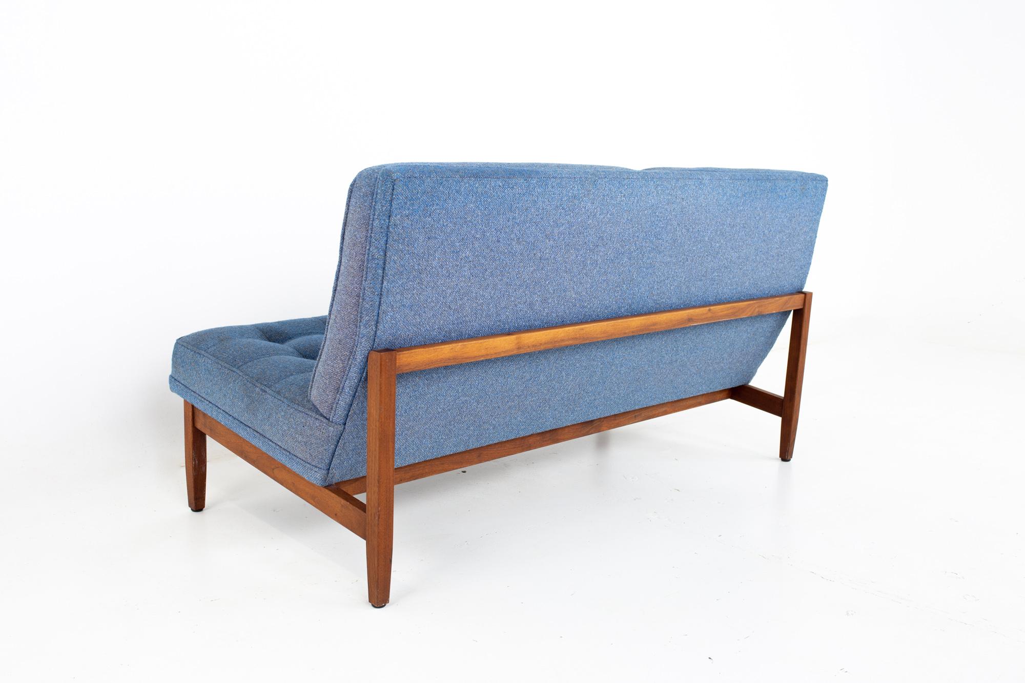 Early Florence Knoll Mid Century Parallel Bar Walnut Blue Settee Love Seat Sofa 2