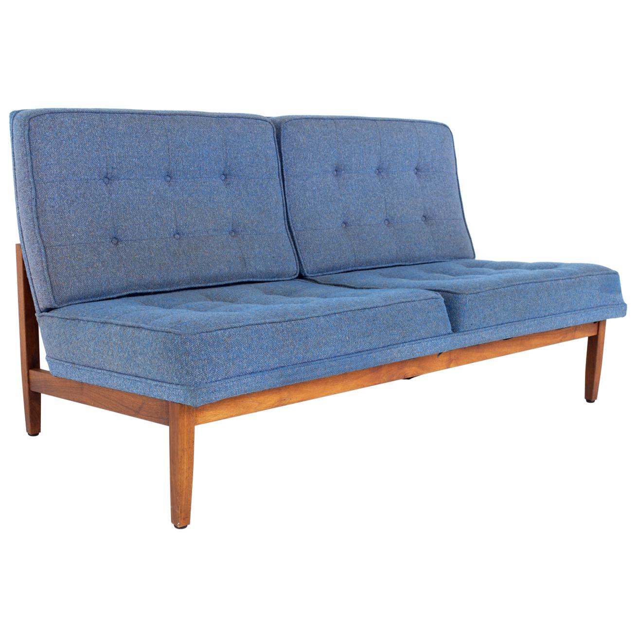 Early Florence Knoll Mid Century Parallel Bar Walnut Blue Settee Love Seat Sofa