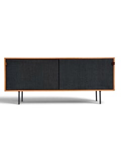 Ancienne crédence Florence Knoll modèle 116 en érable – Portes coulissantes en toile de paille noire