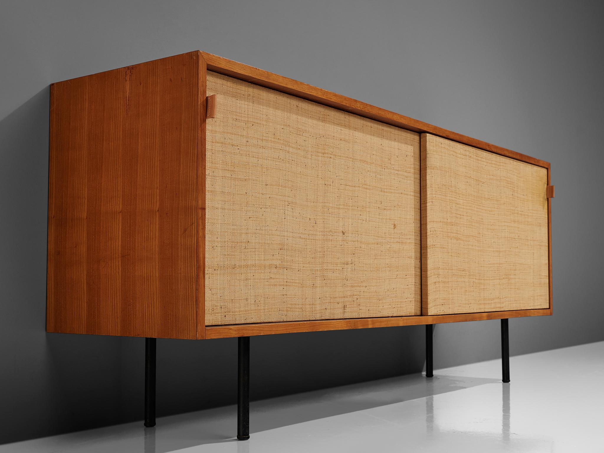 Steel Early Florence Knoll Walnut Credenza with Cane Sliding Door